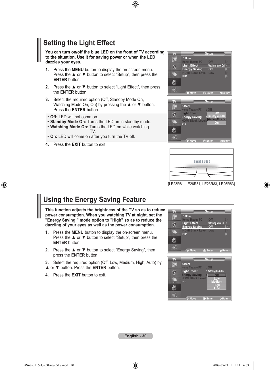 Setting the light effect, Using the energy saving feature | Samsung LE23R81B User Manual | Page 32 / 463
