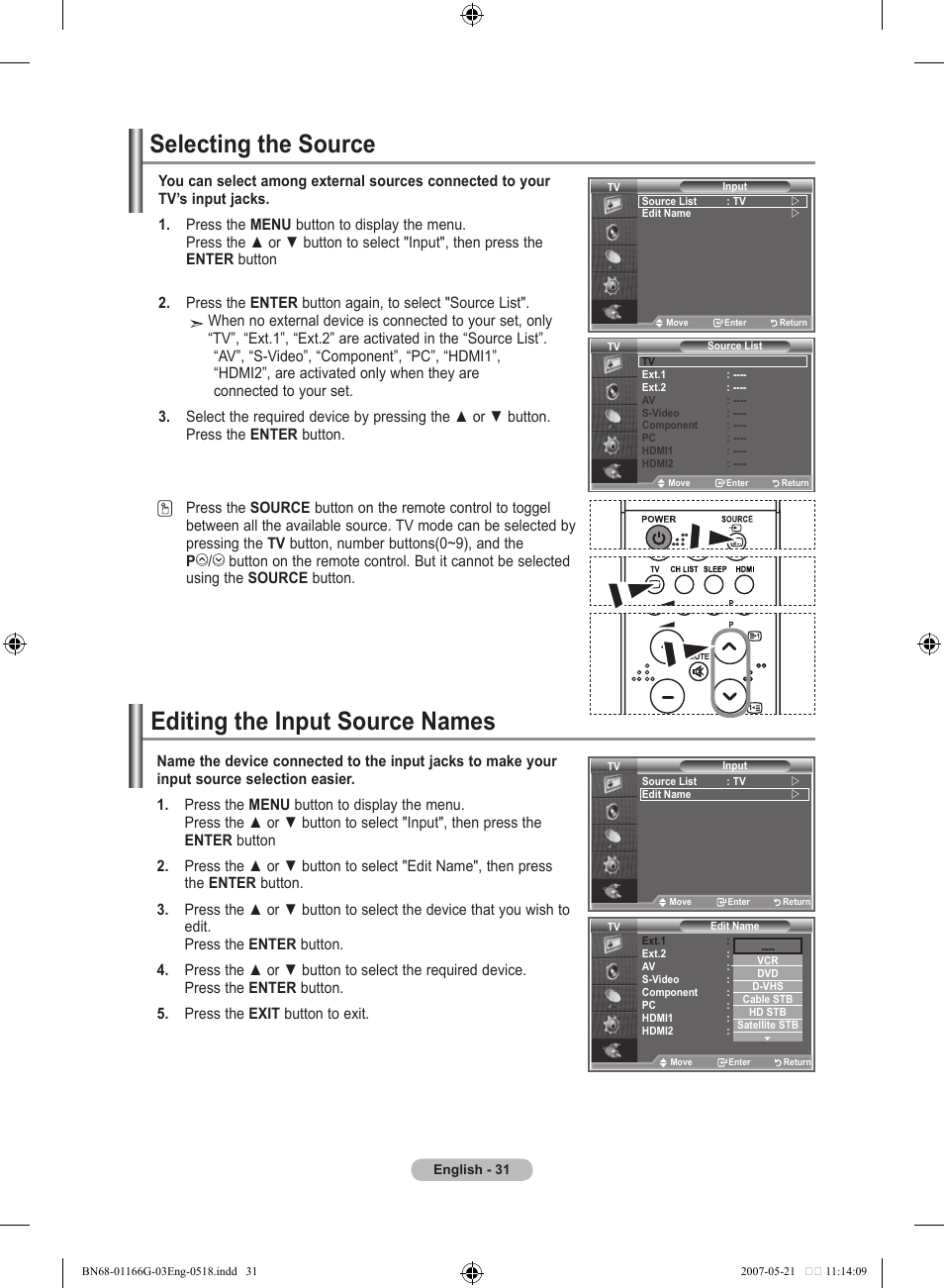 Selecting the source, Editing the input source names | Samsung LE23R81B User Manual | Page 33 / 463
