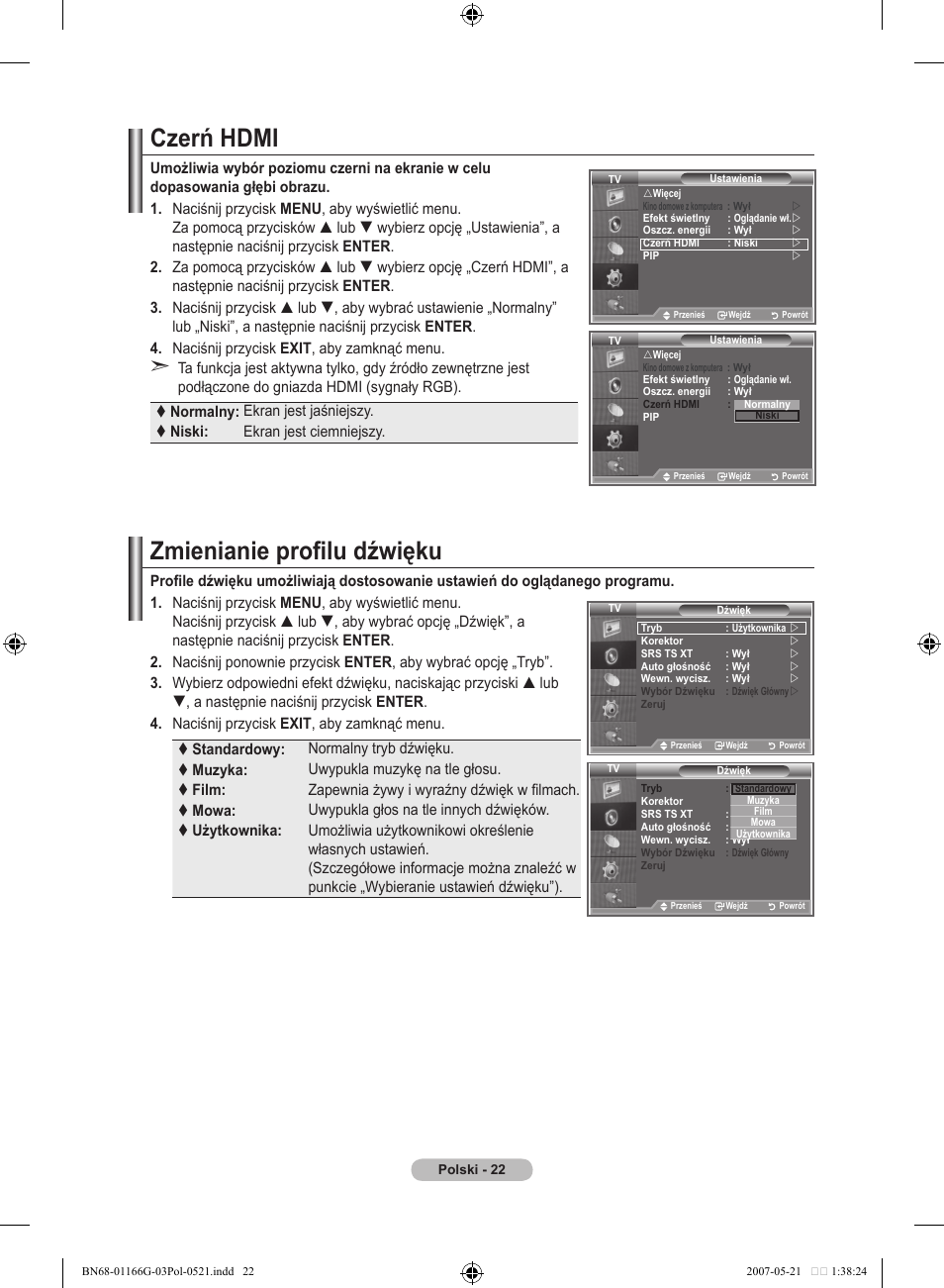 Czerń hdmi, Zmienianie profilu dźwięku | Samsung LE23R81B User Manual | Page 330 / 463