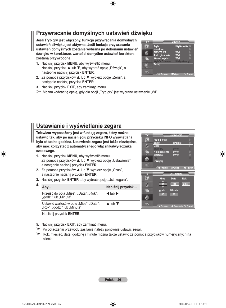 Przywracanie domyślnych ustawień dźwięku, Ustawianie i wyświetlanie zegara | Samsung LE23R81B User Manual | Page 334 / 463