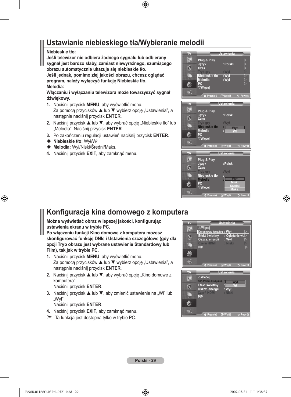 Ustawianie niebieskiego tła/wybieranie melodii, Konfiguracja kina domowego z komputera | Samsung LE23R81B User Manual | Page 337 / 463