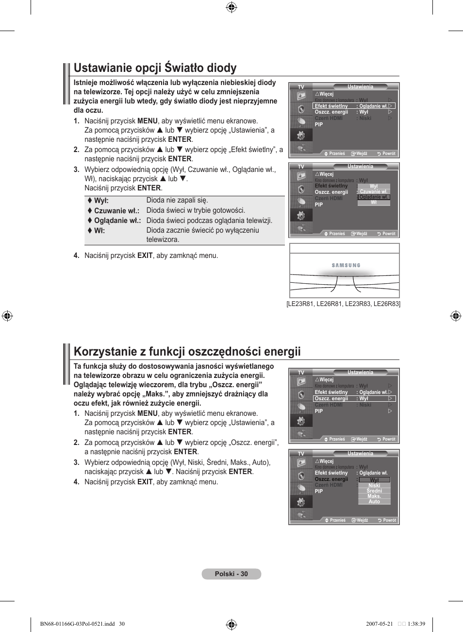 Ustawianie opcji światło diody, Korzystanie z funkcji oszczędności energii | Samsung LE23R81B User Manual | Page 338 / 463