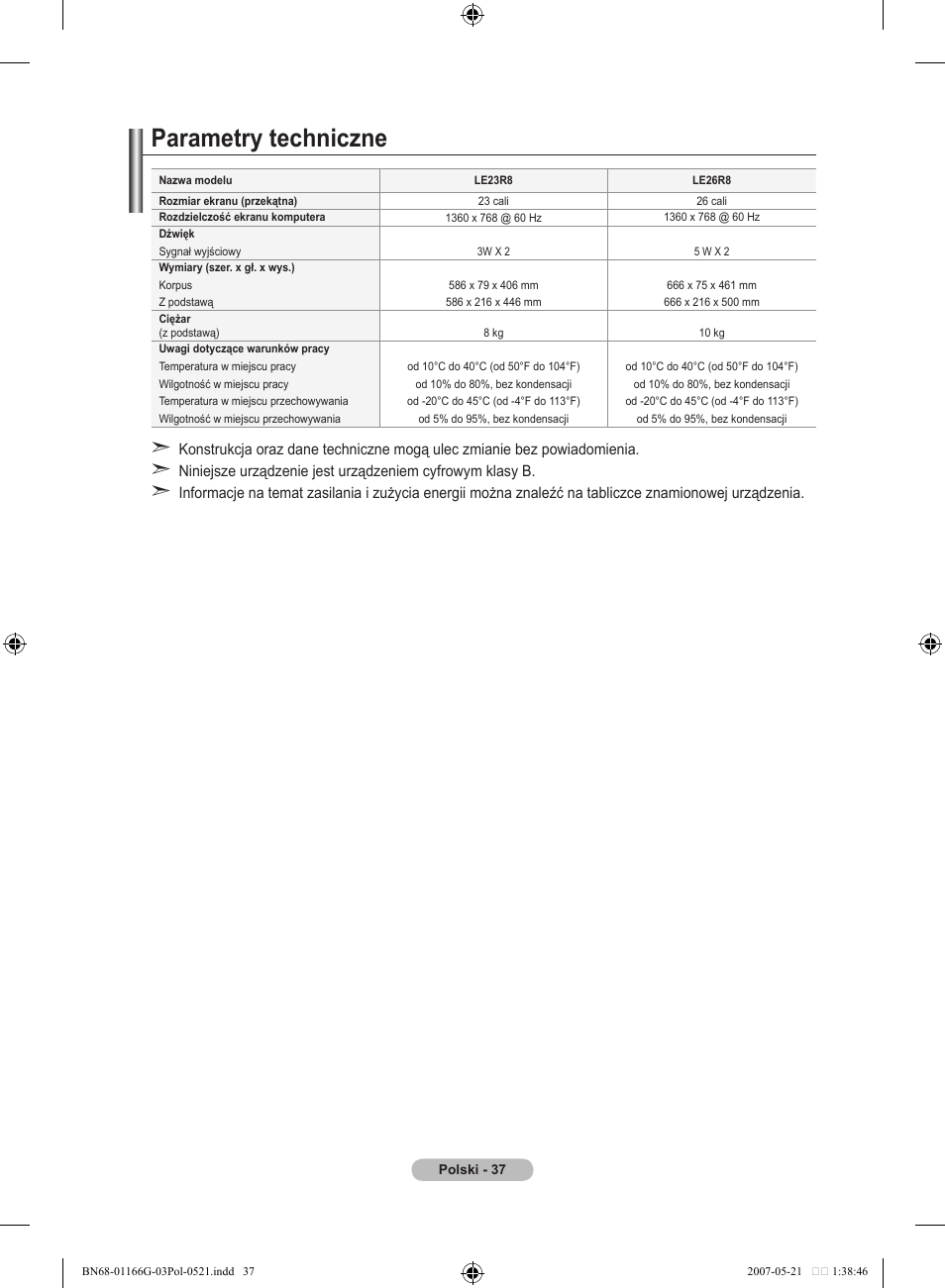 Parametry techniczne | Samsung LE23R81B User Manual | Page 345 / 463