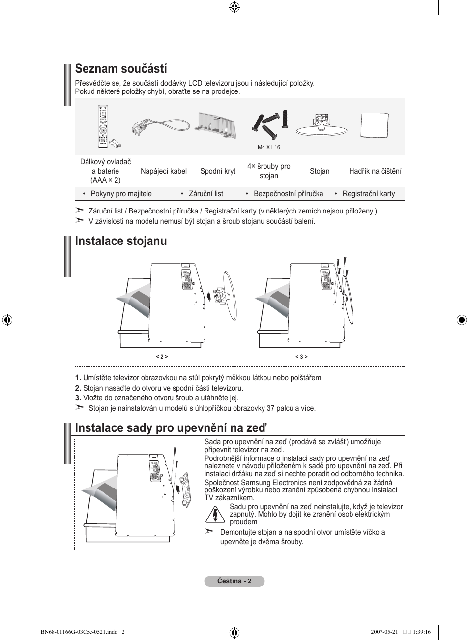 Seznam součástí, Instalace stojanu, Instalace sady pro upevnění na zeď | Samsung LE23R81B User Manual | Page 348 / 463