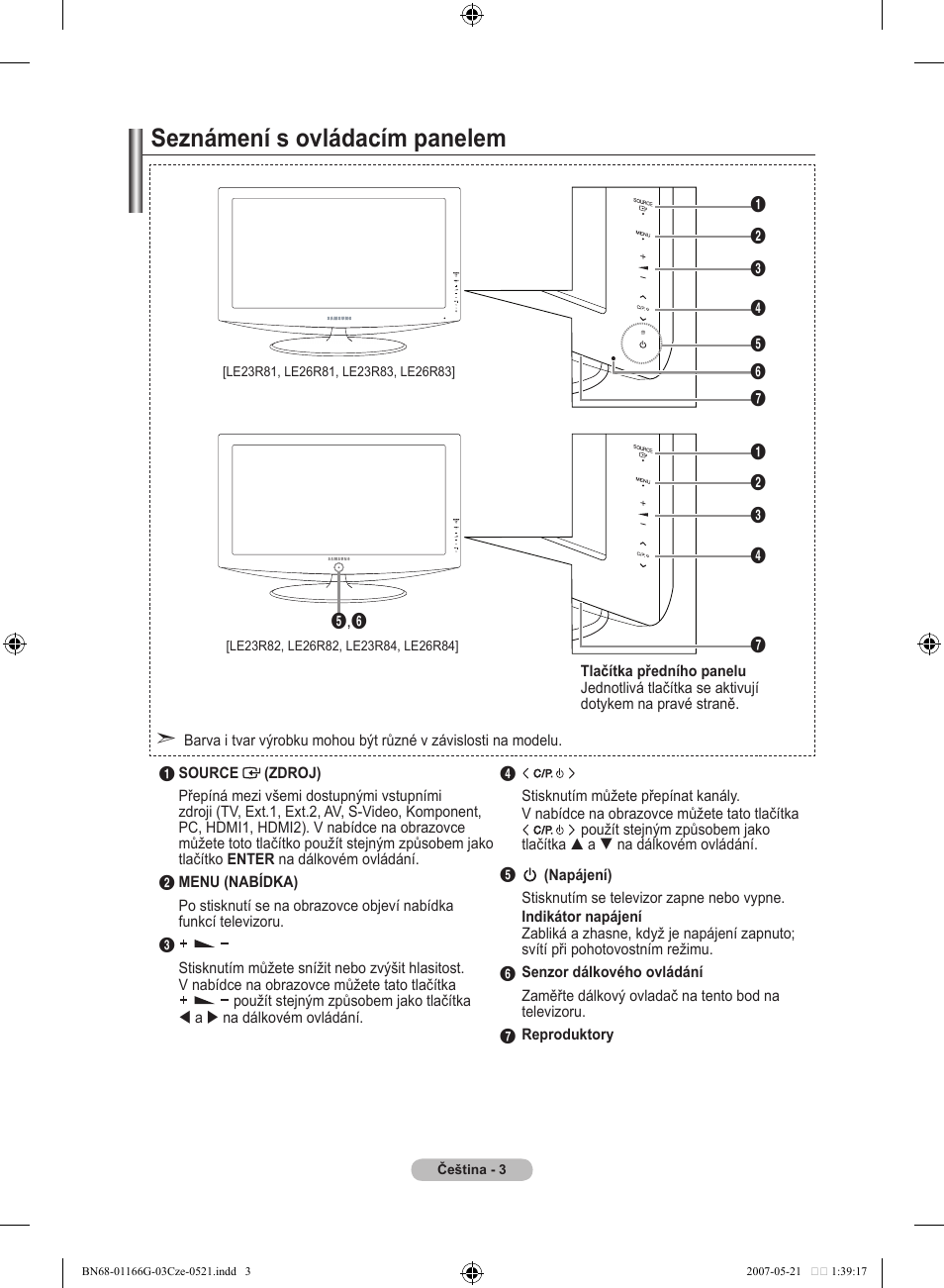 Seznámení s ovládacím panelem | Samsung LE23R81B User Manual | Page 349 / 463