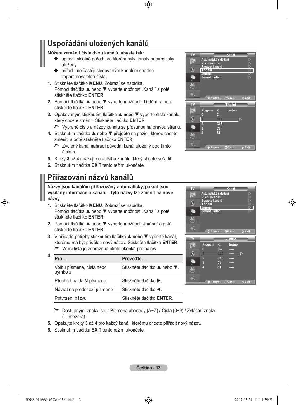 Uspořádání uložených kanálů, Přiřazování názvů kanálů | Samsung LE23R81B User Manual | Page 359 / 463