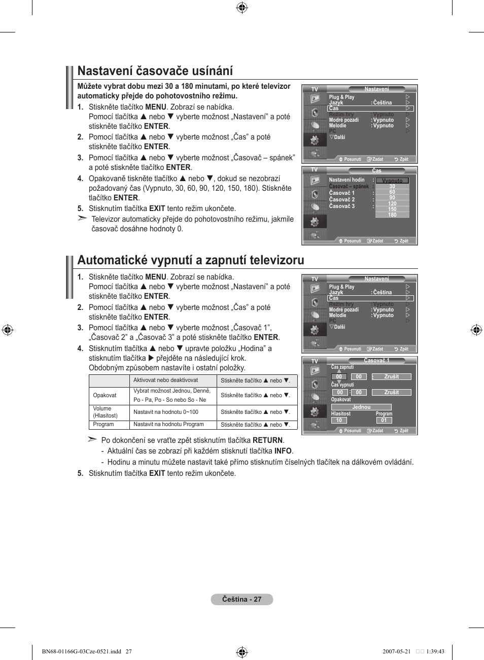 Nastavení časovače usínání, Automatické vypnutí a zapnutí televizoru | Samsung LE23R81B User Manual | Page 373 / 463
