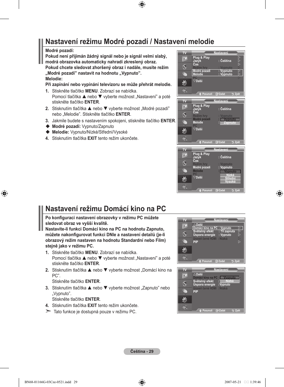 Nastavení režimu modré pozadí / nastavení melodie, Nastavení režimu domácí kino na pc | Samsung LE23R81B User Manual | Page 375 / 463