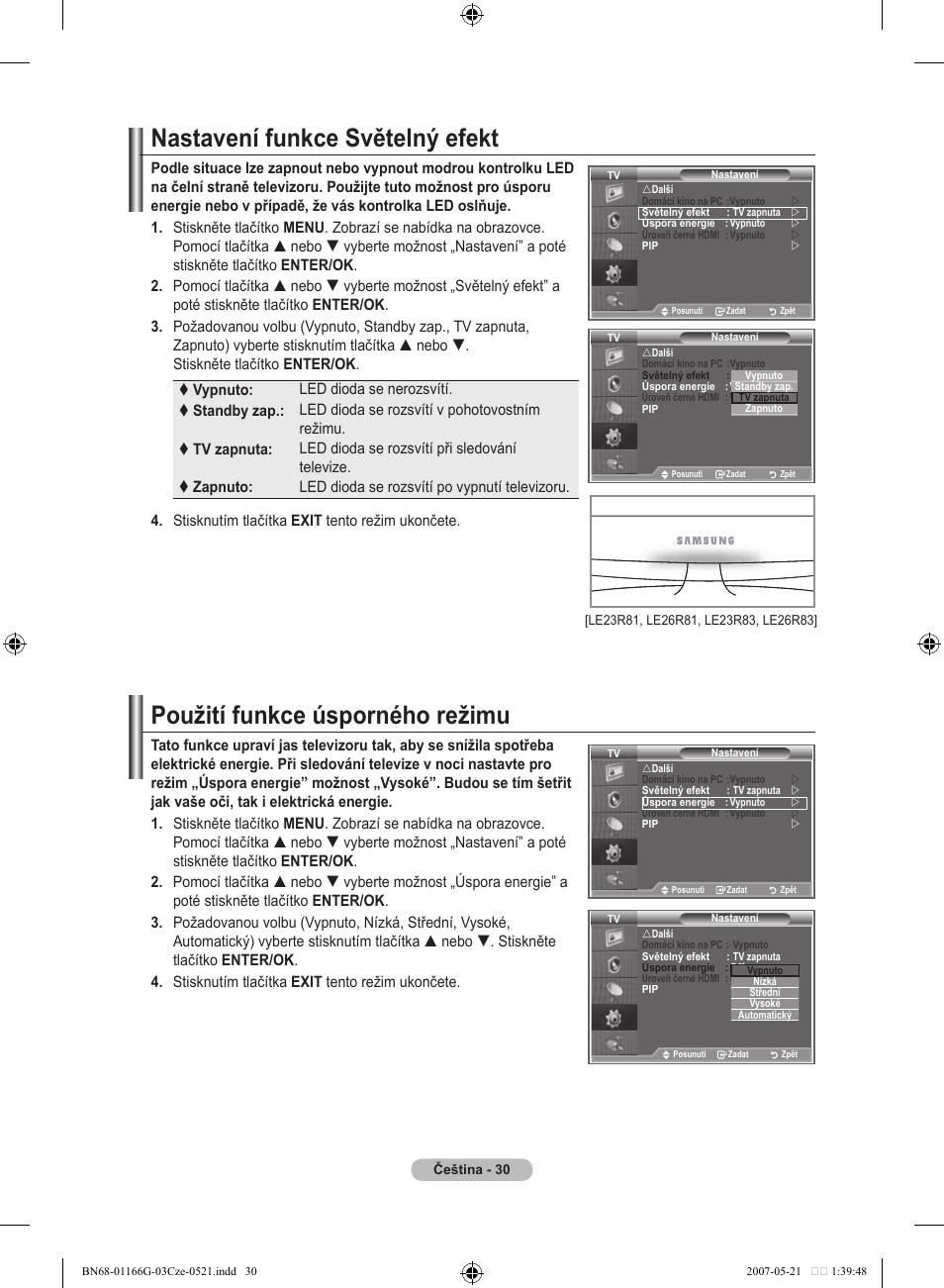 Nastavení funkce světelný efekt, Použití funkce úsporného režimu | Samsung LE23R81B User Manual | Page 376 / 463