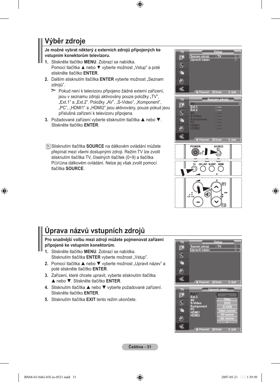 Výběr zdroje, Úprava názvů vstupních zdrojů | Samsung LE23R81B User Manual | Page 377 / 463