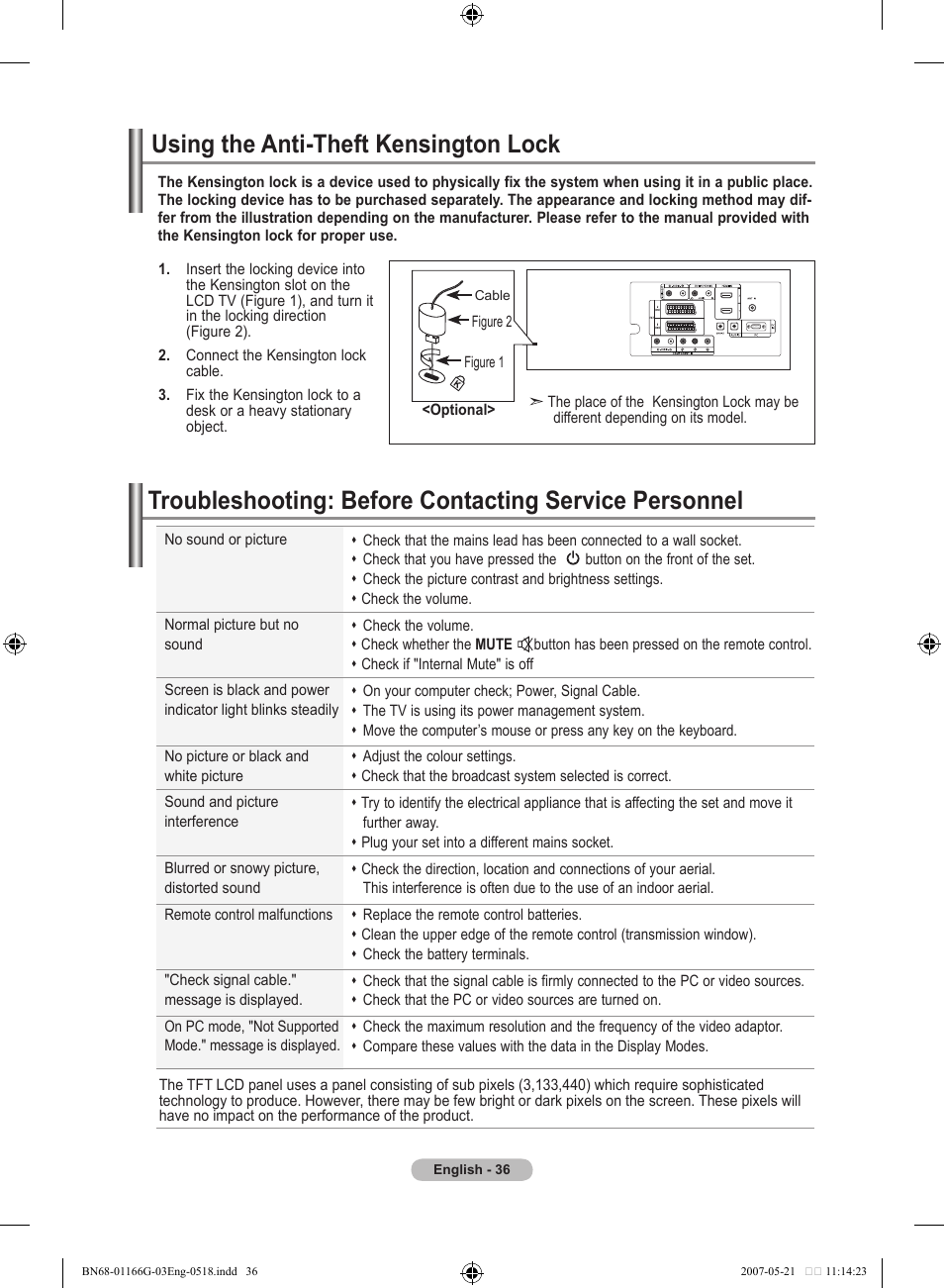 Recommendations for use, Using the anti-theft kensington lock | Samsung LE23R81B User Manual | Page 38 / 463
