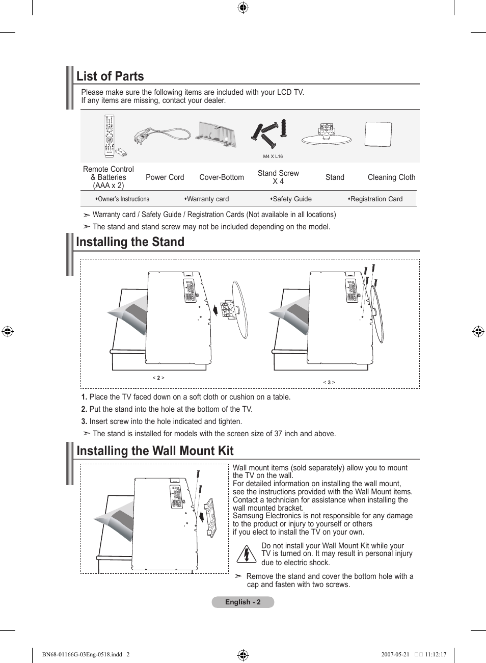 Connecting and preparing your tv, List of parts, Installing the stand | Installing the wall mount kit | Samsung LE23R81B User Manual | Page 4 / 463