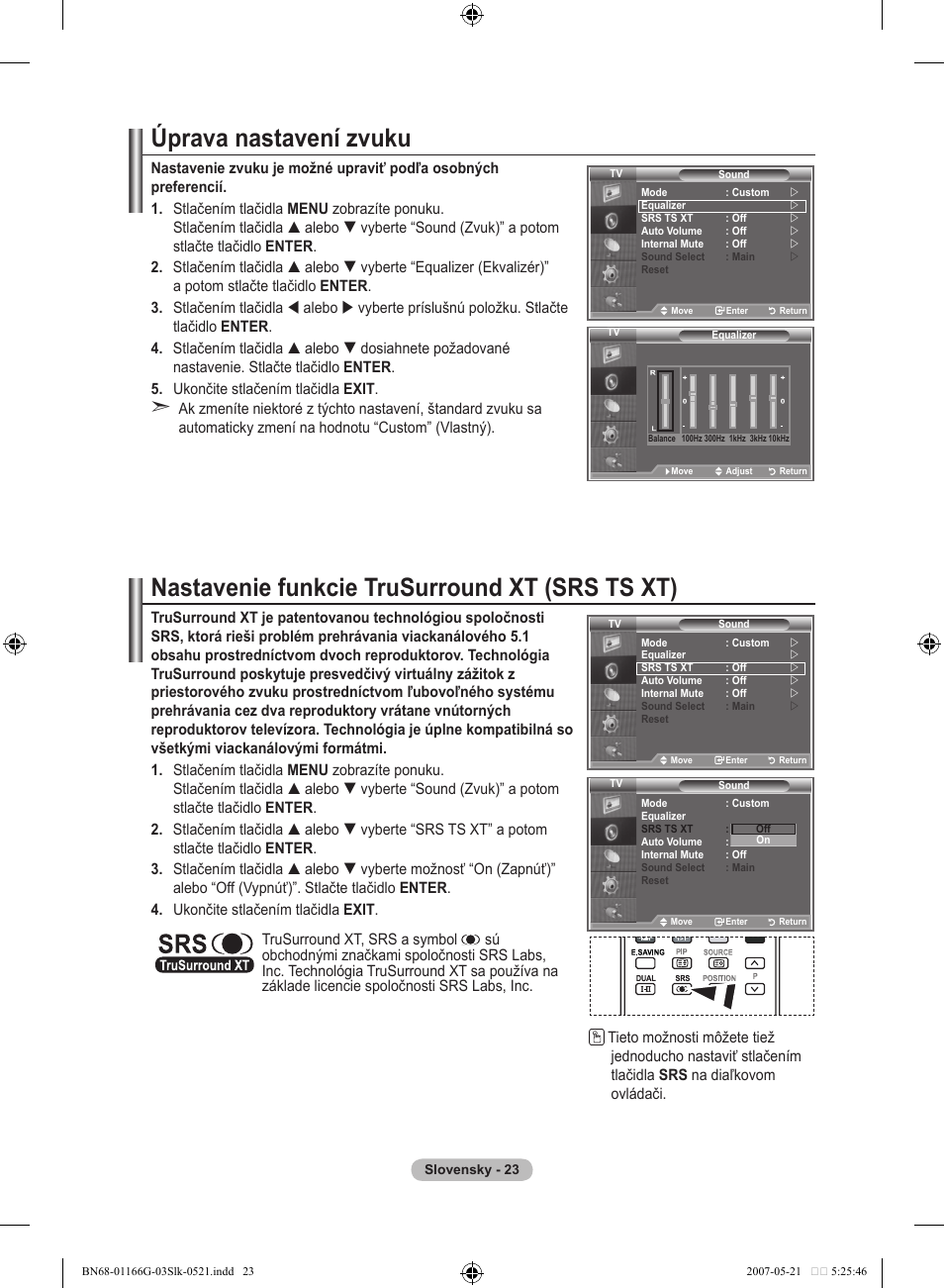 Úprava nastavení zvuku, Nastavenie funkcie trusurround xt (srs ts xt) | Samsung LE23R81B User Manual | Page 407 / 463