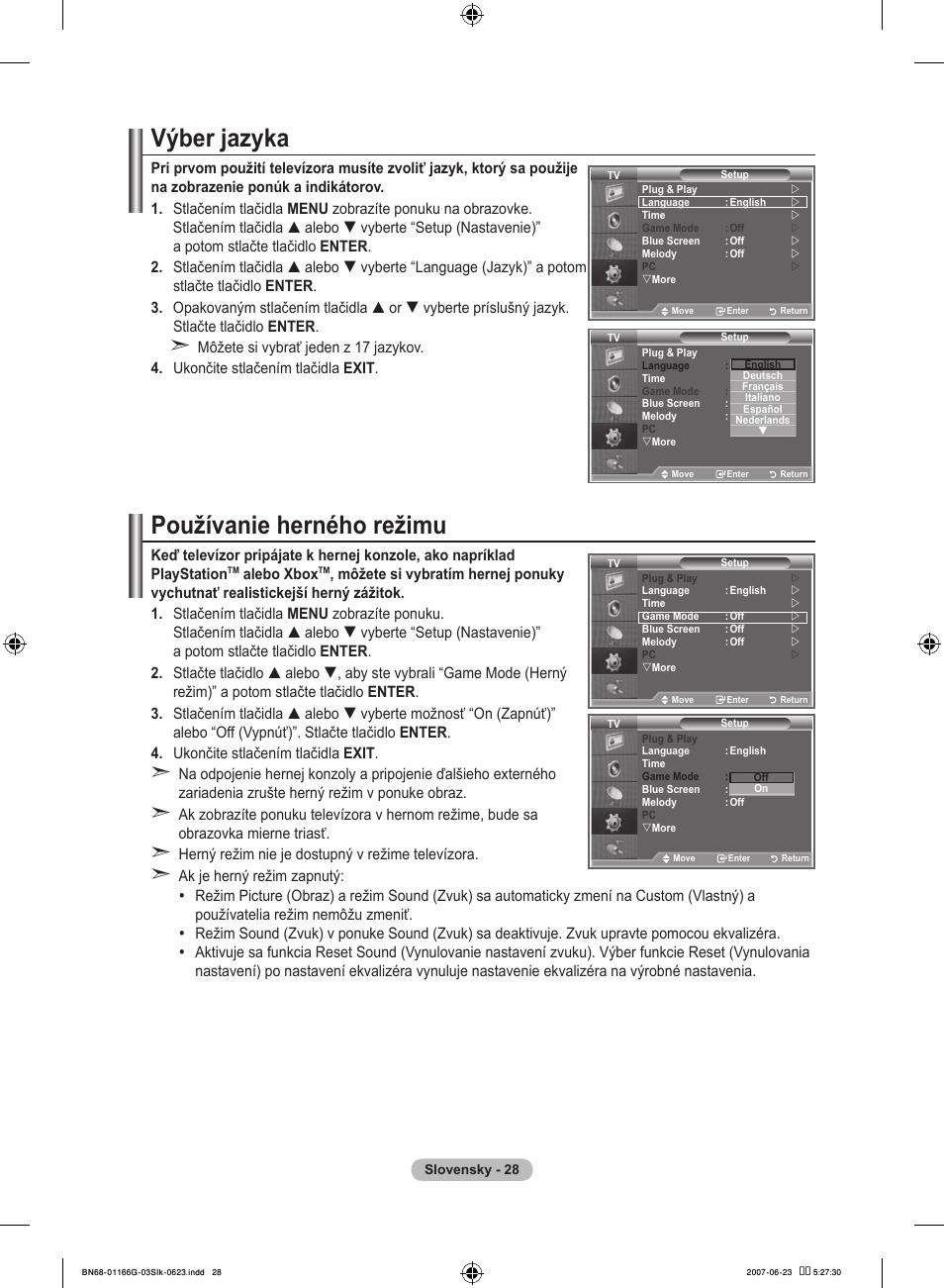 Výber jazyka, Používanie herného režimu | Samsung LE23R81B User Manual | Page 412 / 463