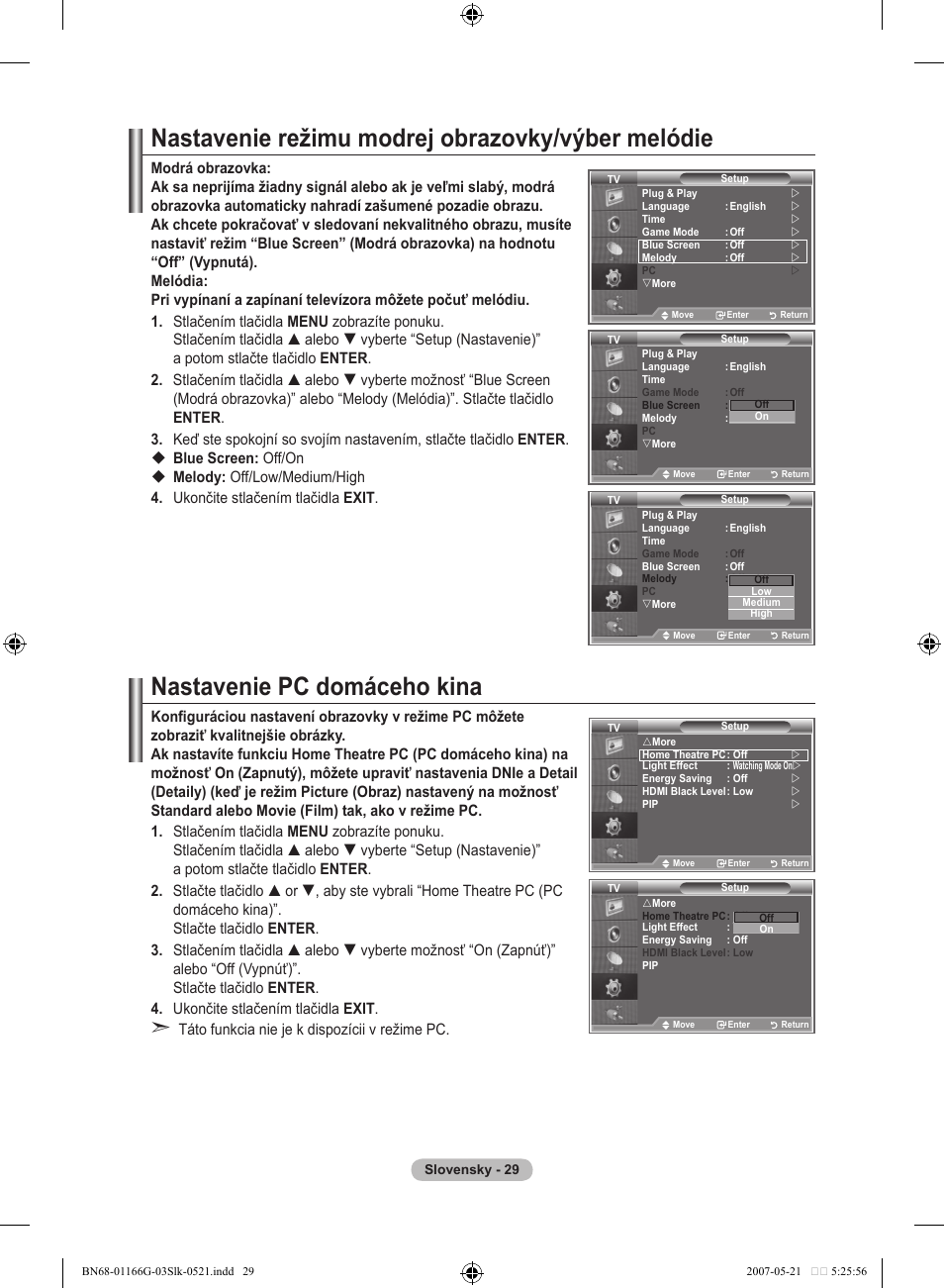 Nastavenie režimu modrej obrazovky/výber melódie, Nastavenie pc domáceho kina | Samsung LE23R81B User Manual | Page 413 / 463