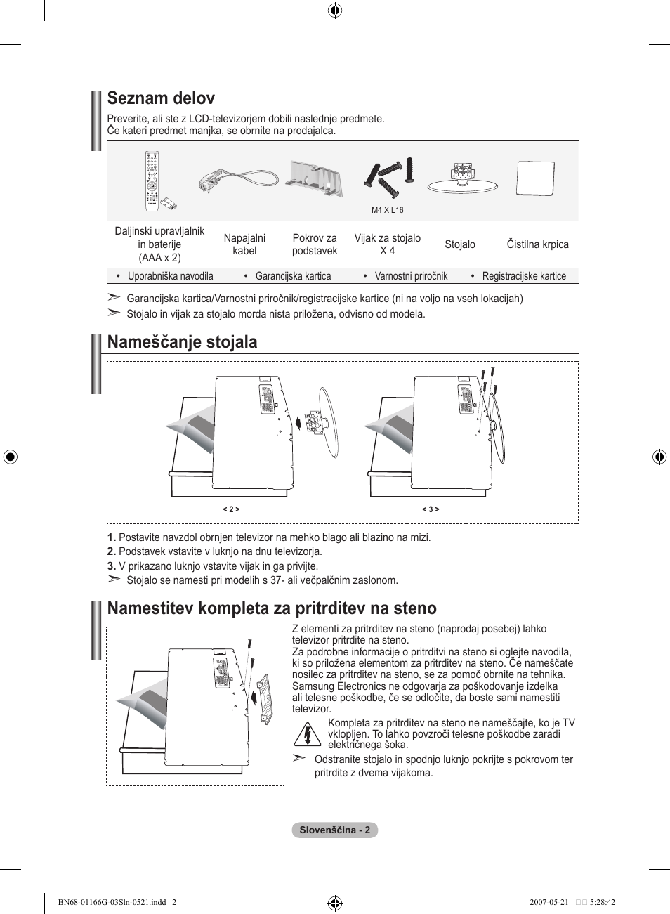 Seznam delov, Nameščanje stojala, Namestitev kompleta za pritrditev na steno | Samsung LE23R81B User Manual | Page 424 / 463