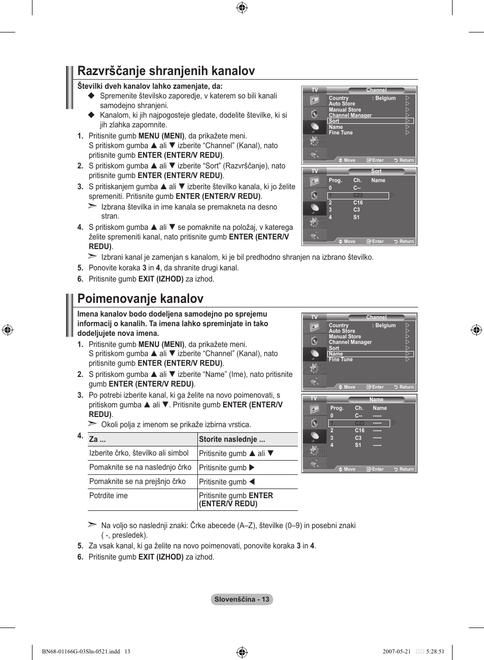 Razvrščanje shranjenih kanalov, Poimenovanje kanalov | Samsung LE23R81B User Manual | Page 435 / 463