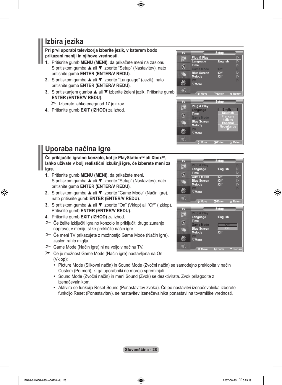 Izbira jezika, Uporaba načina igre | Samsung LE23R81B User Manual | Page 450 / 463