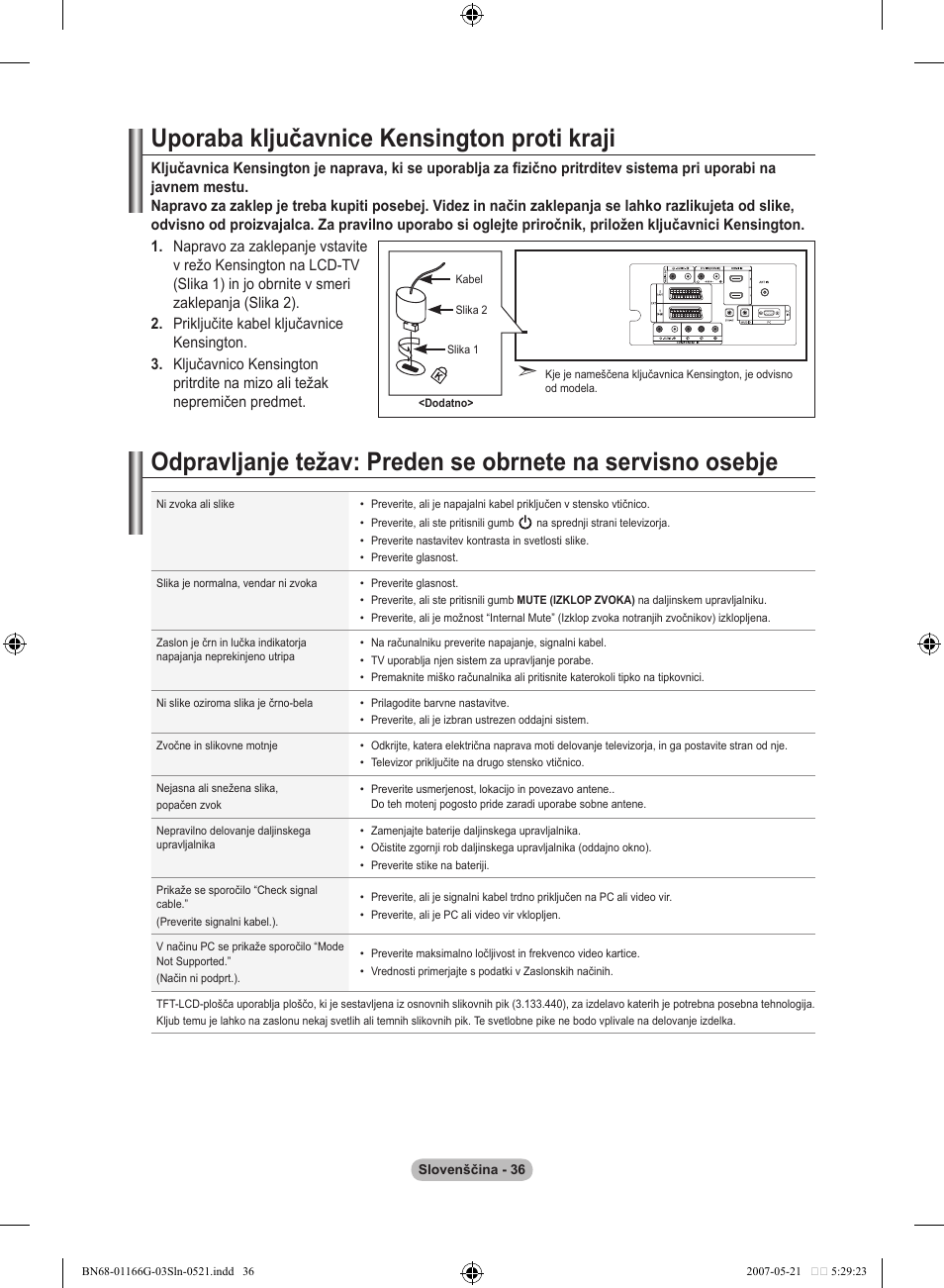 Uporaba ključavnice kensington proti kraji | Samsung LE23R81B User Manual | Page 458 / 463