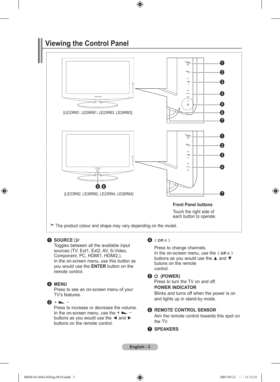 Viewing the control panel | Samsung LE23R81B User Manual | Page 5 / 463