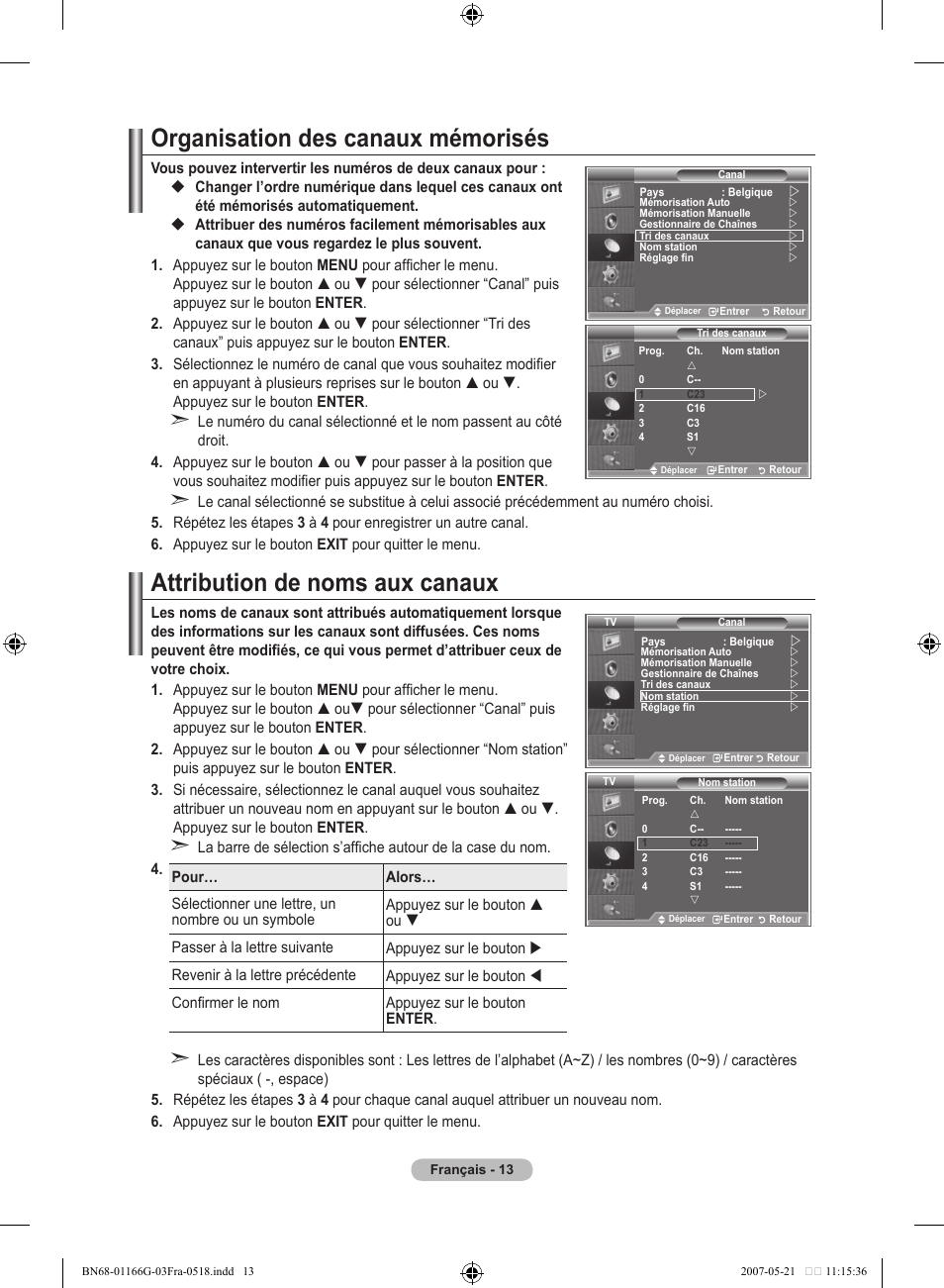Organisation des canaux mémorisés, Attribution de noms aux canaux | Samsung LE23R81B User Manual | Page 53 / 463