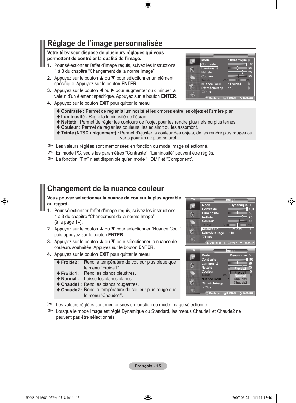 Réglage de l’image personnalisée, Changement de la nuance couleur | Samsung LE23R81B User Manual | Page 55 / 463