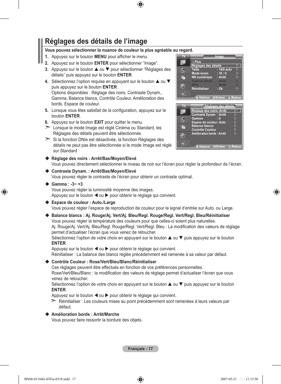 Réglages des détails de l’image | Samsung LE23R81B User Manual | Page 57 / 463