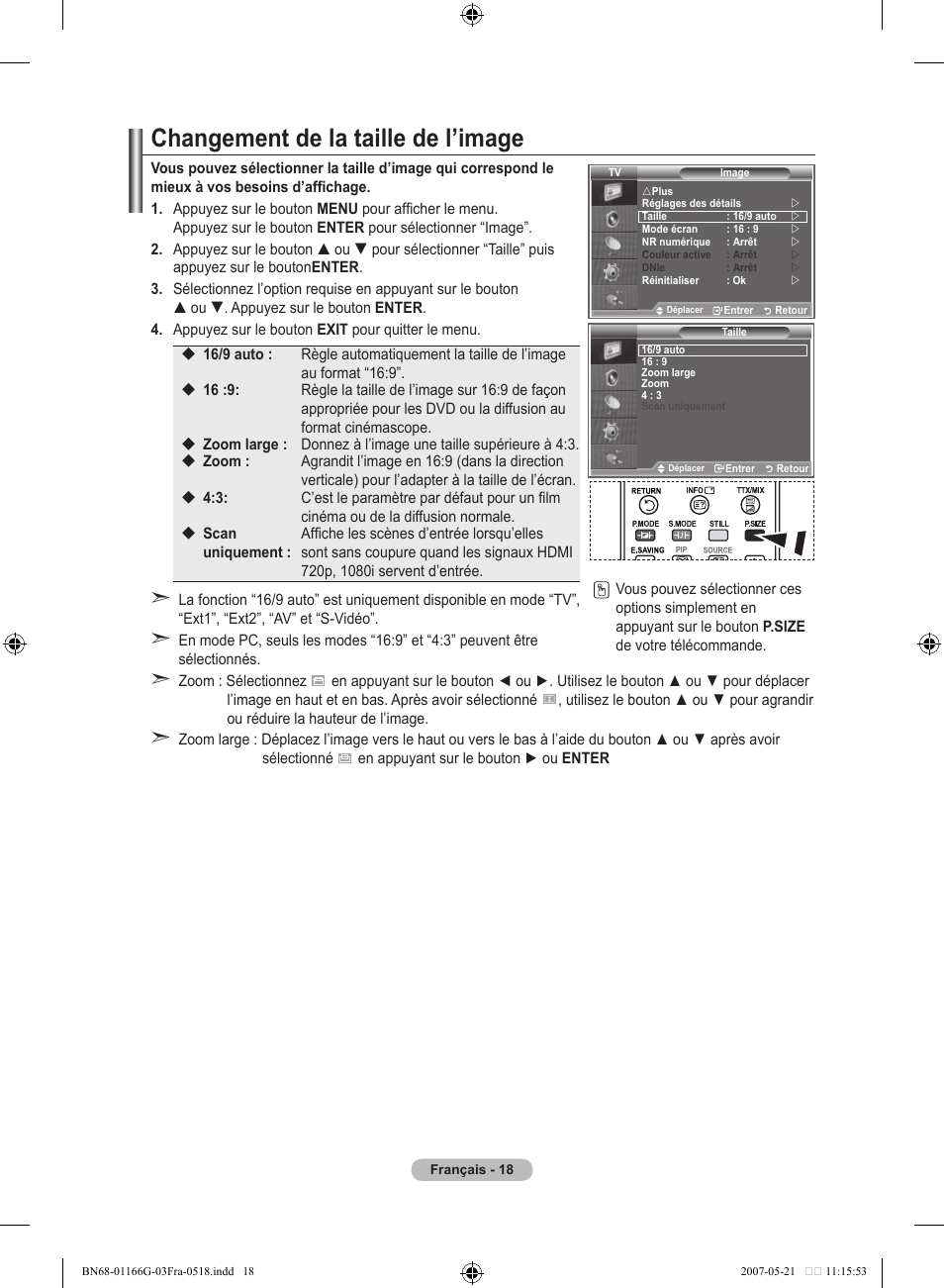 Changement de la taille de l’image | Samsung LE23R81B User Manual | Page 58 / 463