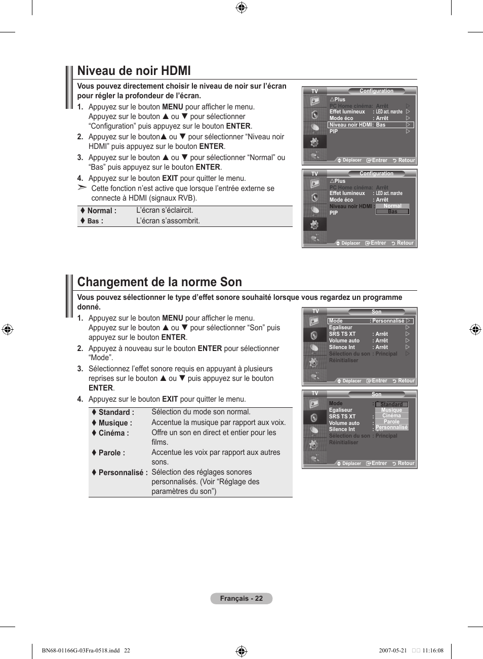 Niveau de noir hdmi, Changement de la norme son | Samsung LE23R81B User Manual | Page 62 / 463
