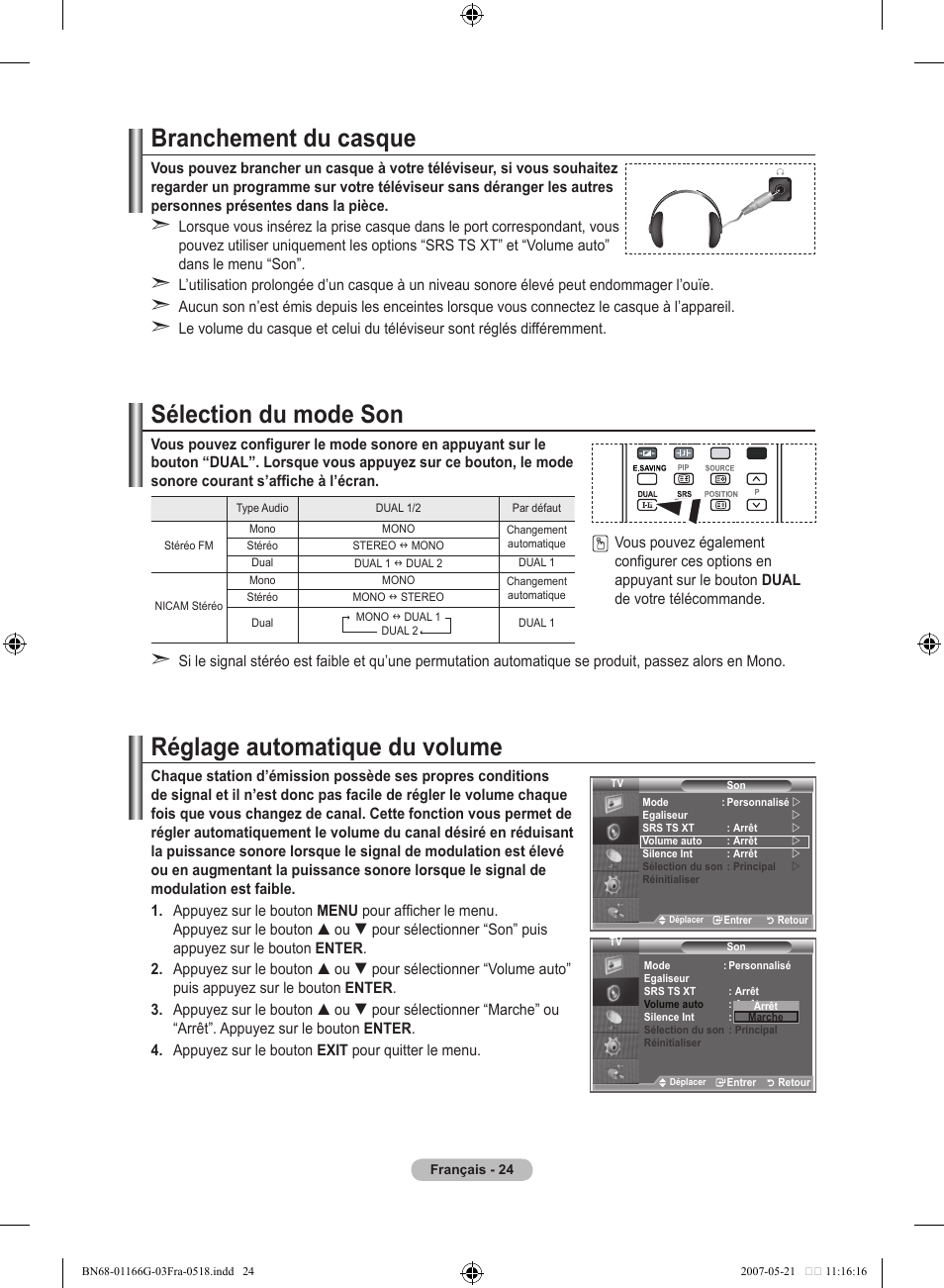 Branchement du casque, Sélection du mode son, Réglage automatique du volume | Samsung LE23R81B User Manual | Page 64 / 463