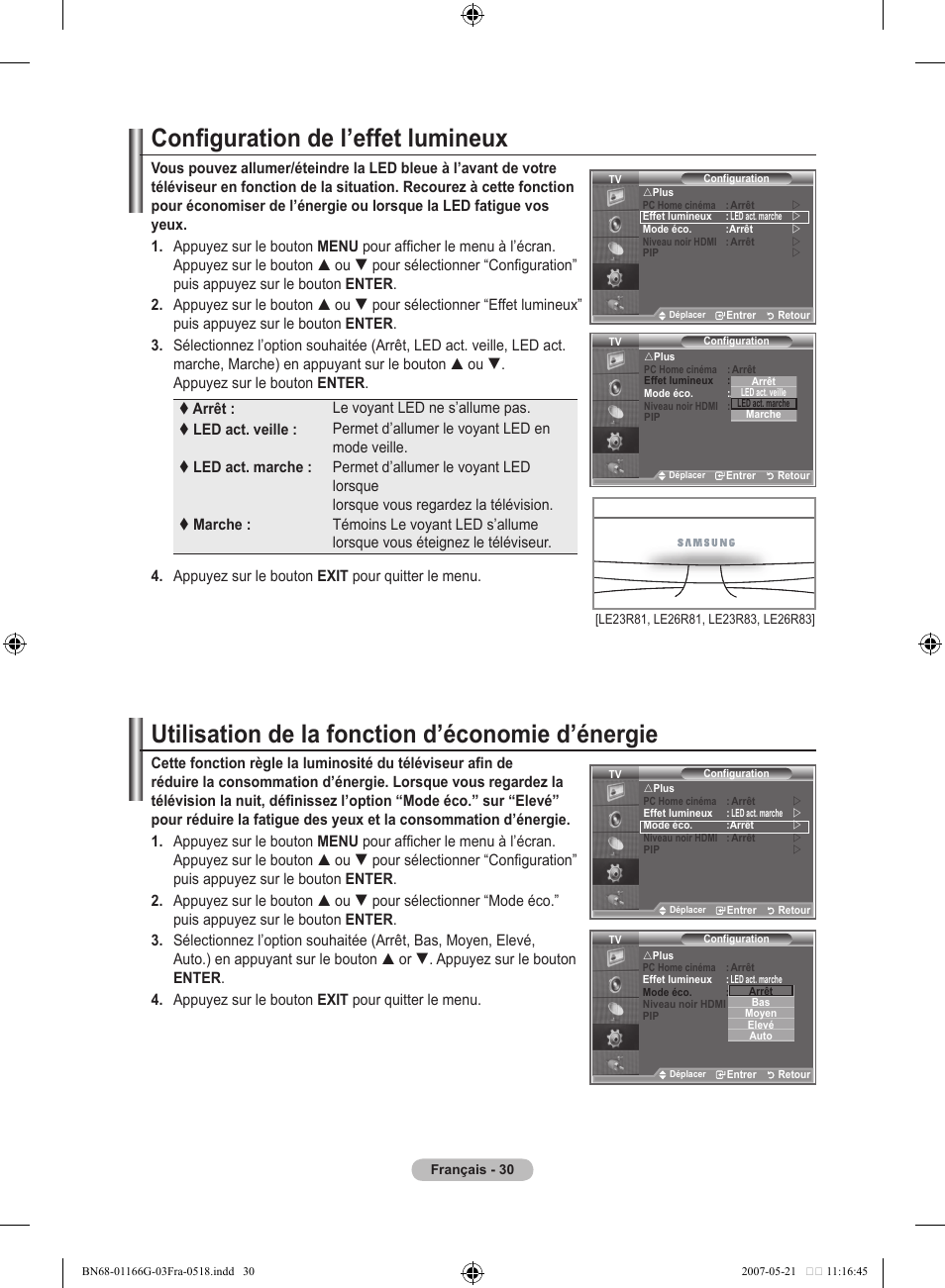 Configuration de l’effet lumineux, Utilisation de la fonction d’économie d’énergie | Samsung LE23R81B User Manual | Page 70 / 463