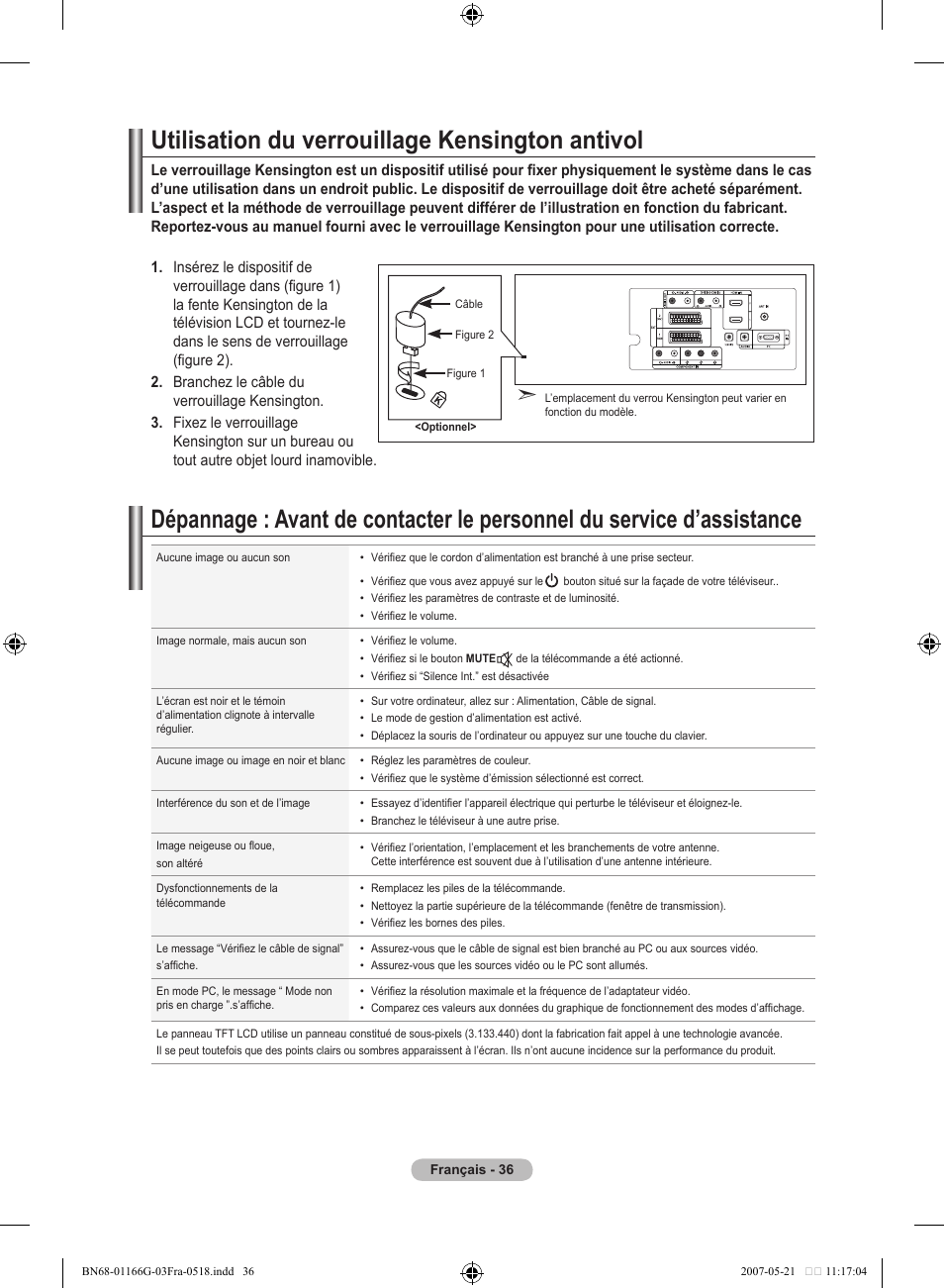 Utilisation du verrouillage kensington antivol | Samsung LE23R81B User Manual | Page 76 / 463