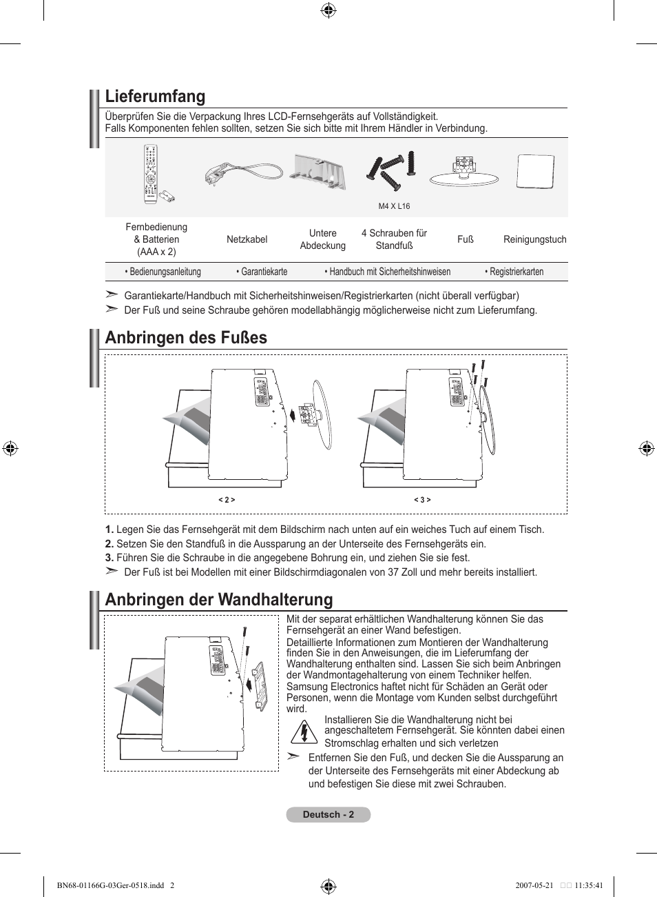 Lieferumfang, Anbringen des fußes, Anbringen der wandhalterung | Samsung LE23R81B User Manual | Page 80 / 463