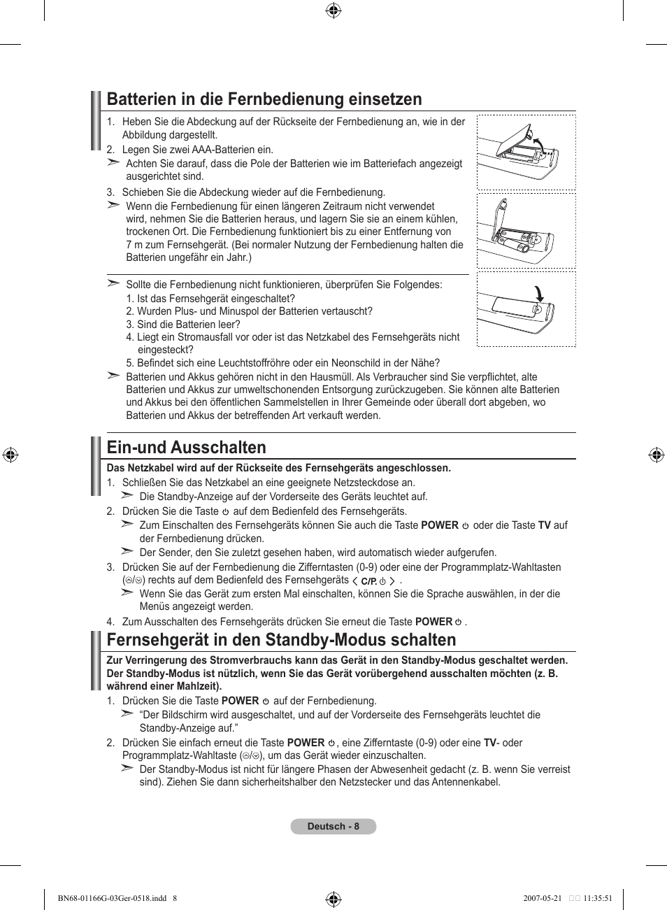 Batterien in die fernbedienung einsetzen, Ein-und ausschalten, Fernsehgerät in den standby-modus schalten | Samsung LE23R81B User Manual | Page 86 / 463
