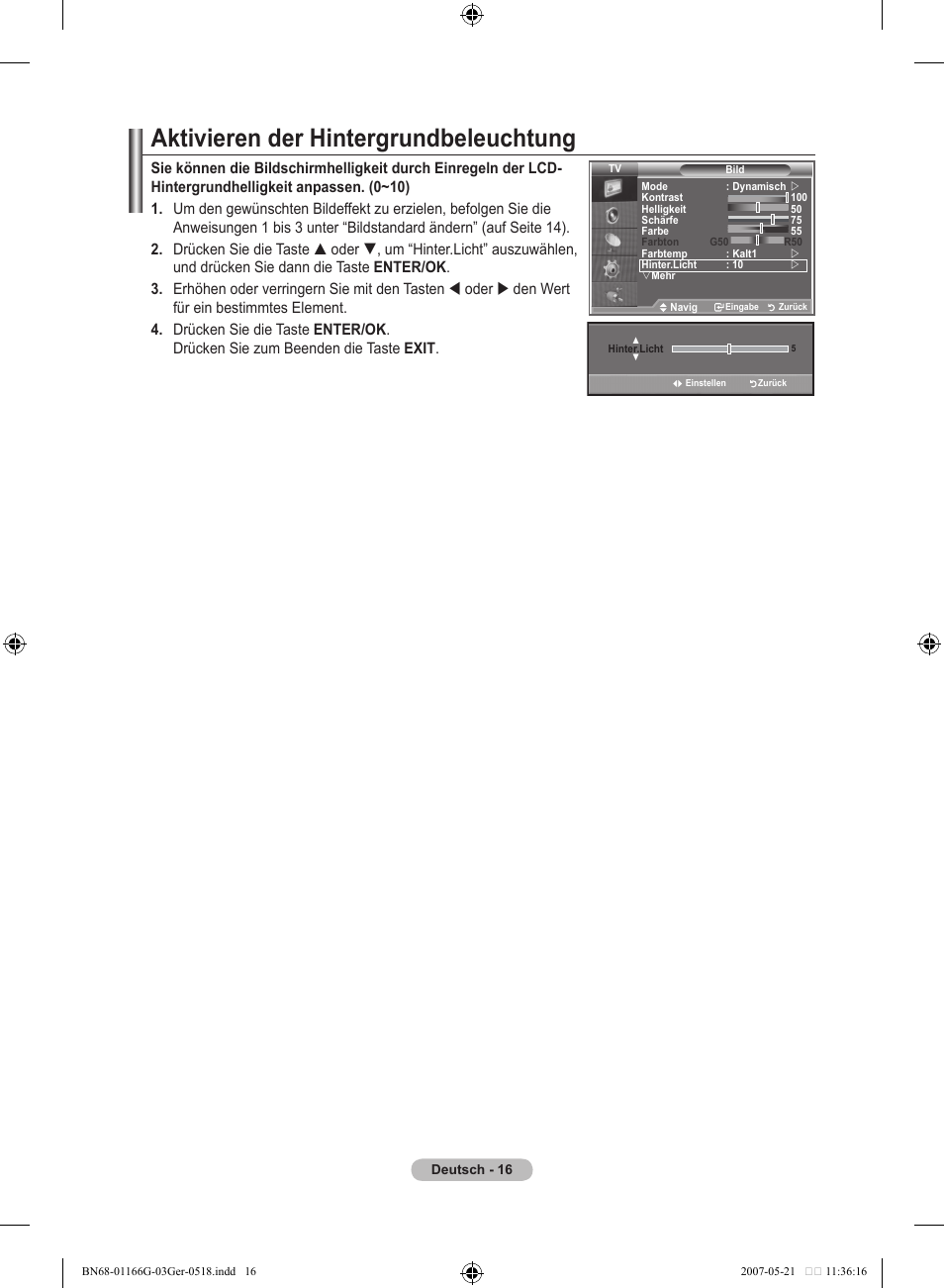 Aktivieren der hintergrundbeleuchtung | Samsung LE23R81B User Manual | Page 94 / 463