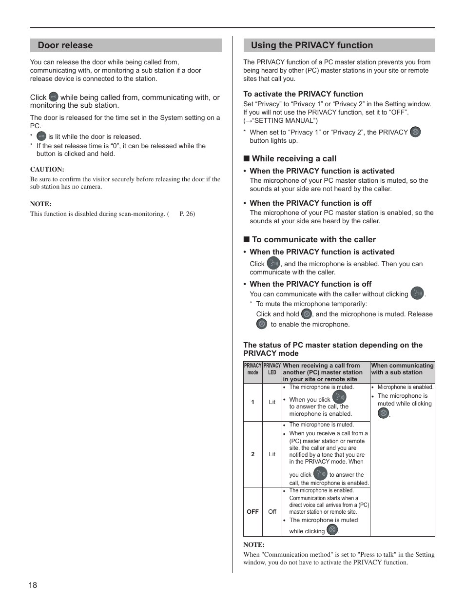 Door release, Using the privacy function | Aiphone IS-SOFT User Manual | Page 18 / 33