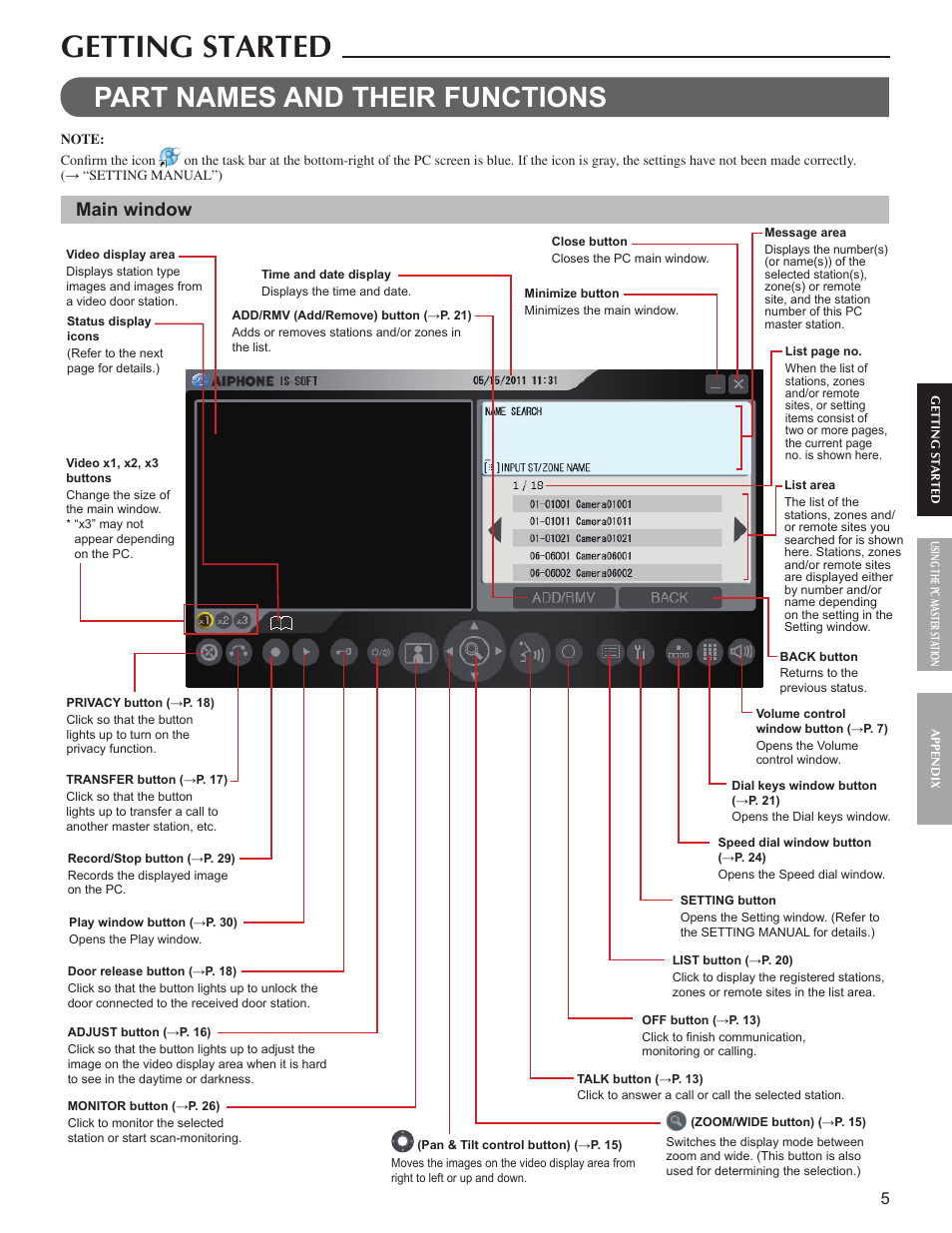 Getting started, Part names and their functions, Main window | Aiphone IS-SOFT User Manual | Page 5 / 33