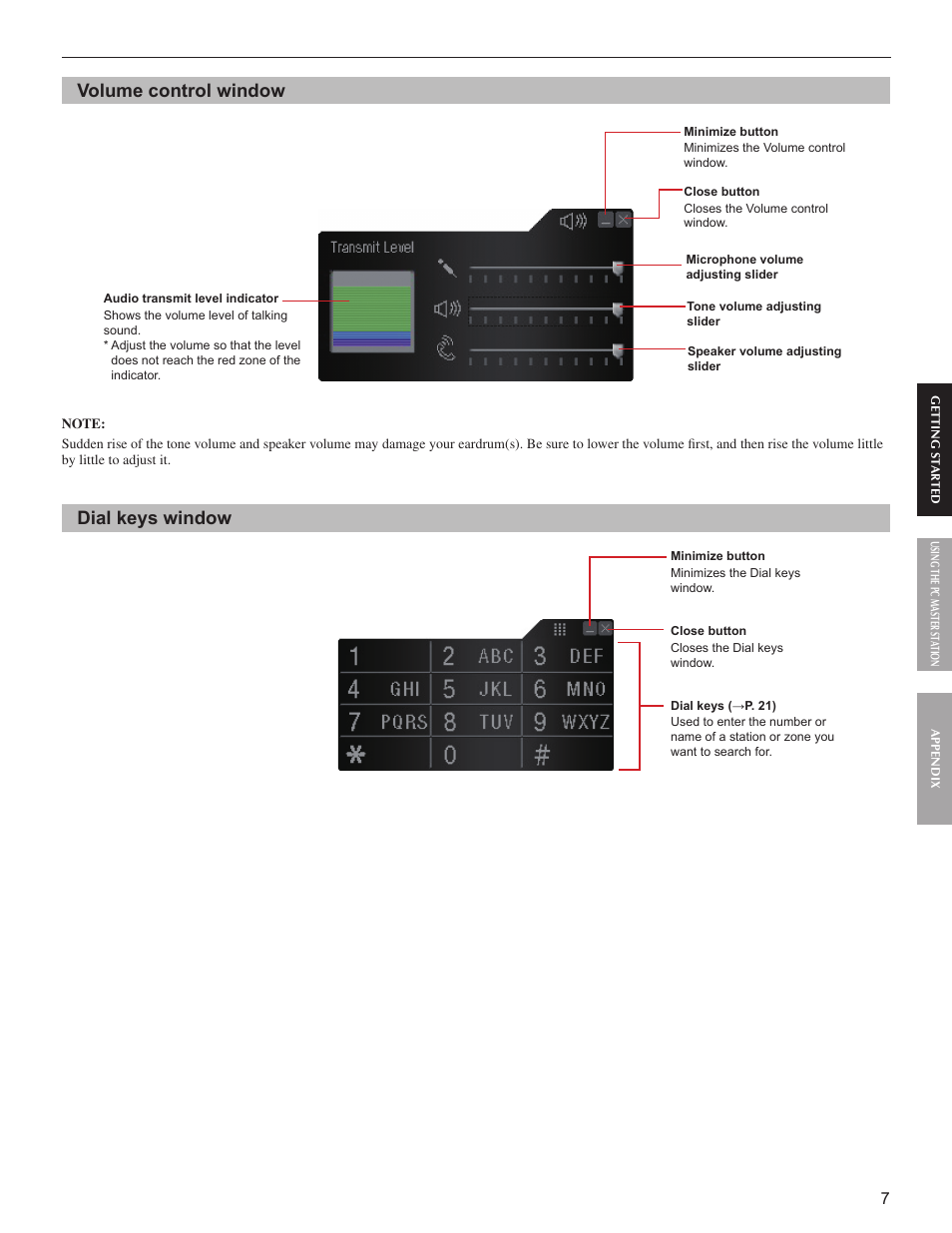 Volume control window, Dial keys window | Aiphone IS-SOFT User Manual | Page 7 / 33