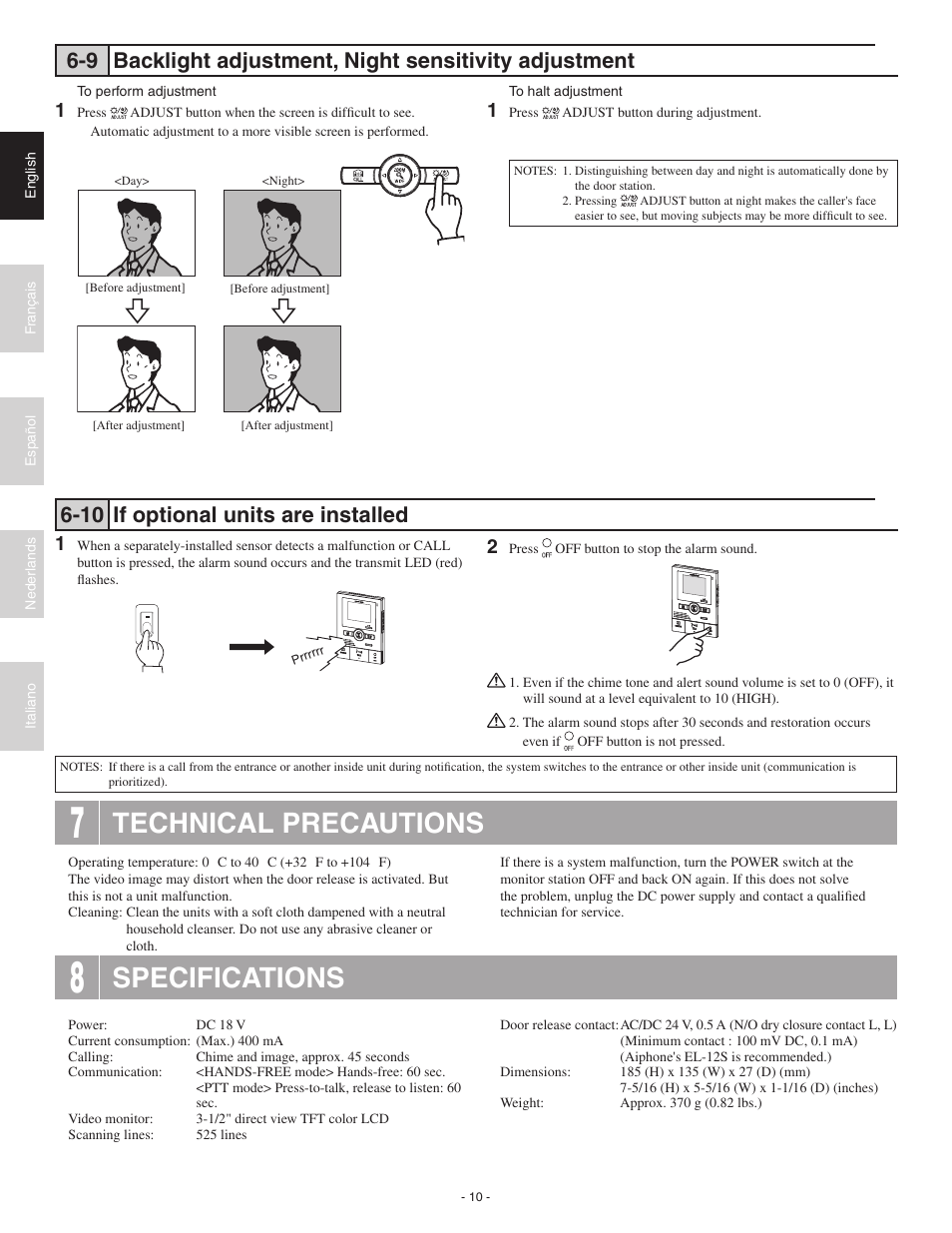 Technical precautions, Specifications, 10 if optional units are installed | Aiphone JK-1MD User Manual | Page 10 / 12