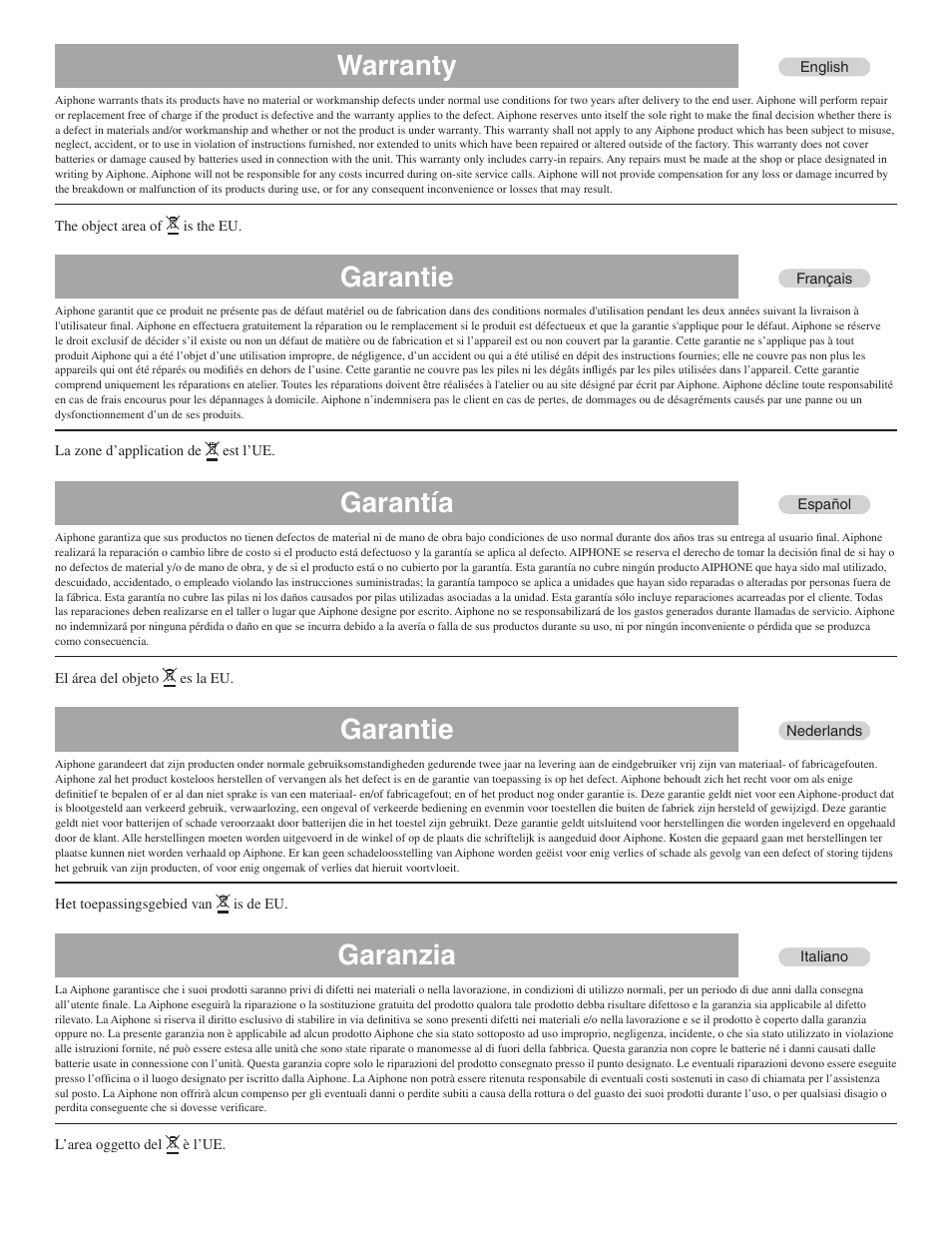 Warranty, Garantie, Garantía | Garanzia | Aiphone JK-1MD User Manual | Page 11 / 12