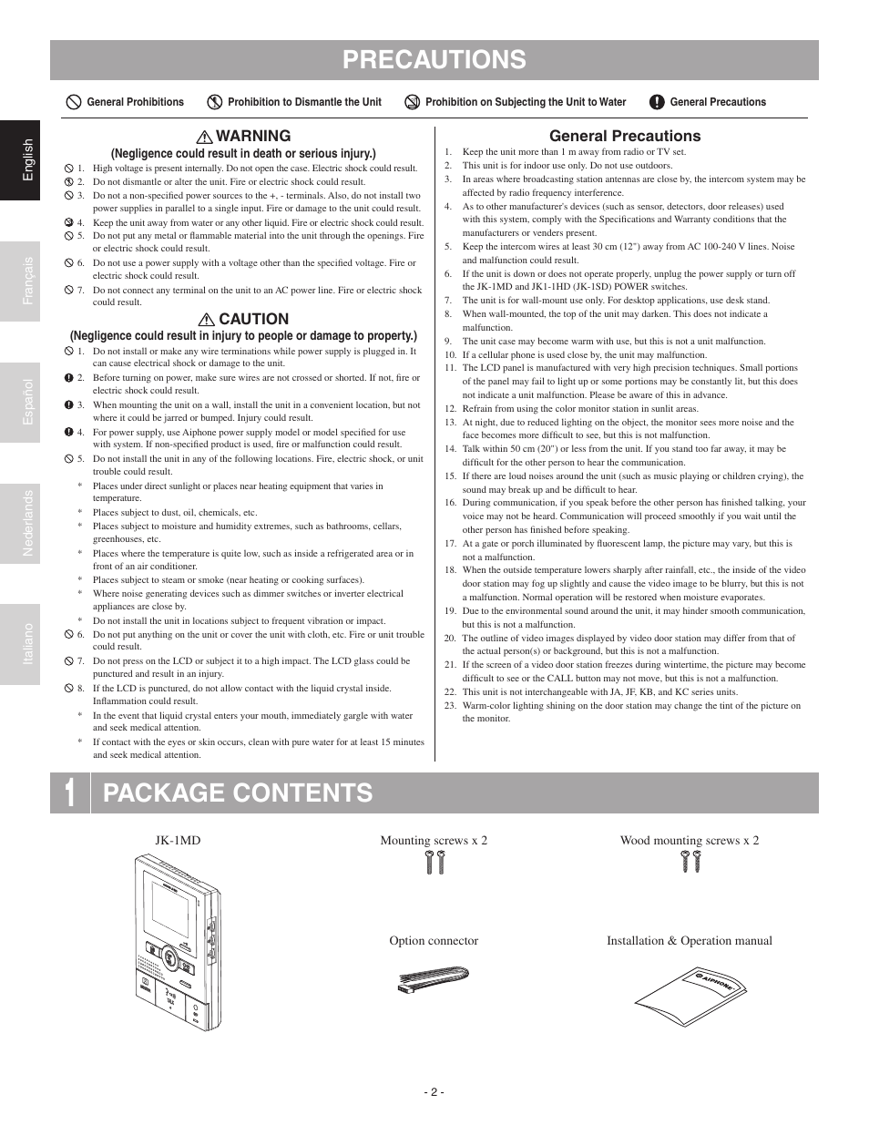 Precautions, Package contents, Warning | Caution, General precautions | Aiphone JK-1MD User Manual | Page 2 / 12