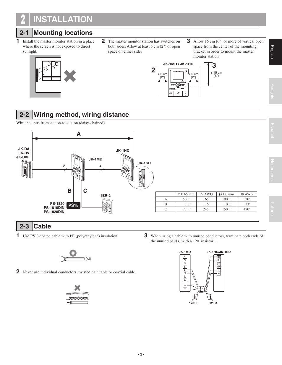 Installation, 1 mounting locations, 2 wiring method, wiring distance | 3 cable, Ab c | Aiphone JK-1MD User Manual | Page 3 / 12