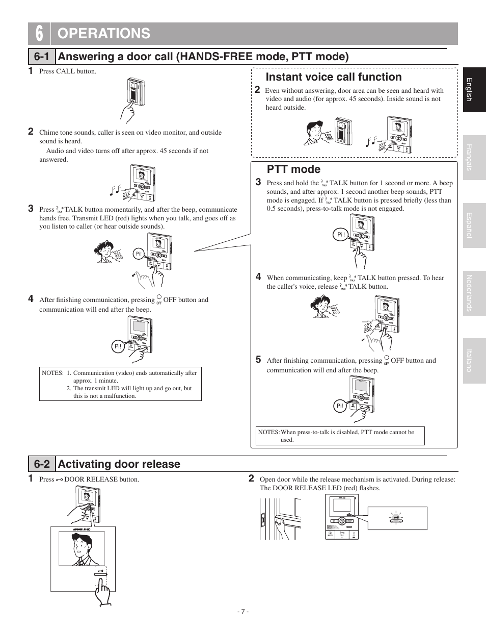 Operations, Instant voice call function, Ptt mode | 2 activating door release | Aiphone JK-1MD User Manual | Page 7 / 12