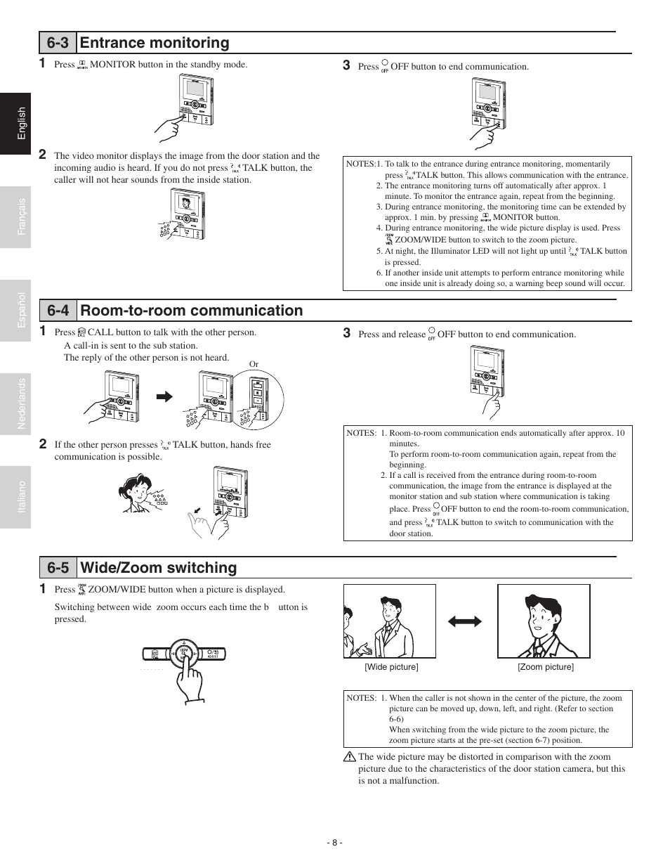 3 entrance monitoring, 4 room-to-room communication, 5 wide/zoom switching | Aiphone JK-1MD User Manual | Page 8 / 12