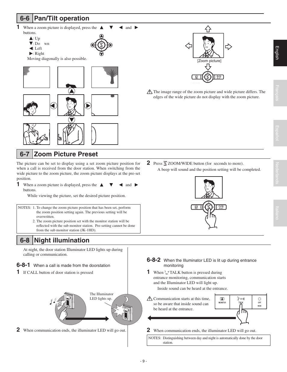 6 pan/tilt operation, 7 zoom picture preset, 8 night illumination | Aiphone JK-1MD User Manual | Page 9 / 12