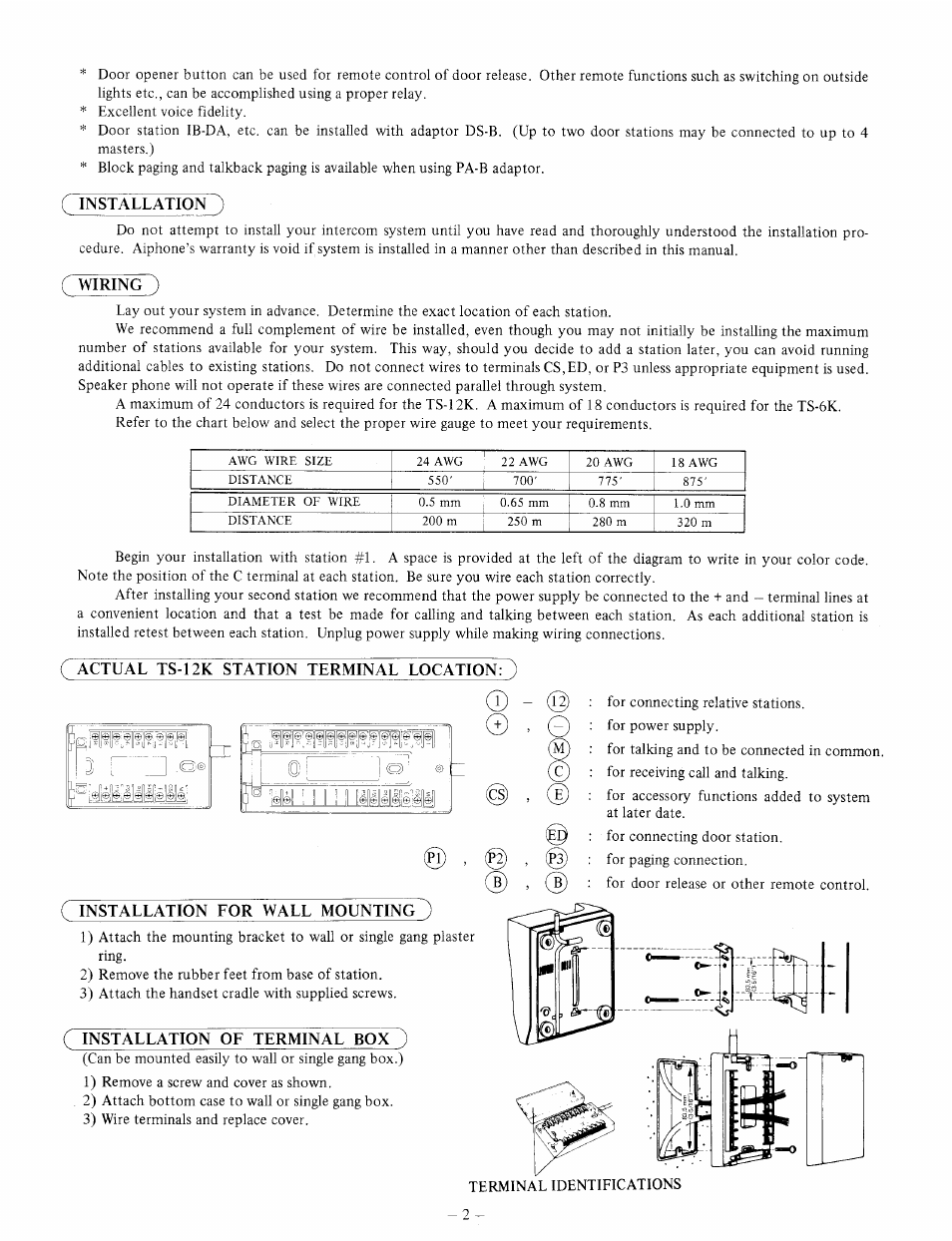 Installation, Wiring, Actual ts-12k station terminal location | Installation ol terminal box ) | Aiphone TS-12K User Manual | Page 2 / 8