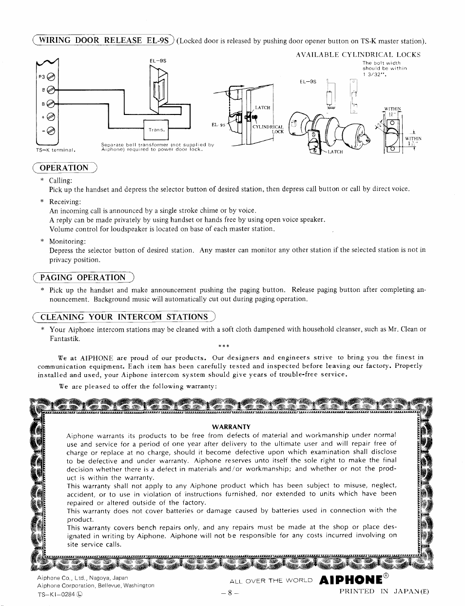 Operation, Paging operation ), C cleaning your intercom stations ) | Aiphone | Aiphone TS-12K User Manual | Page 8 / 8