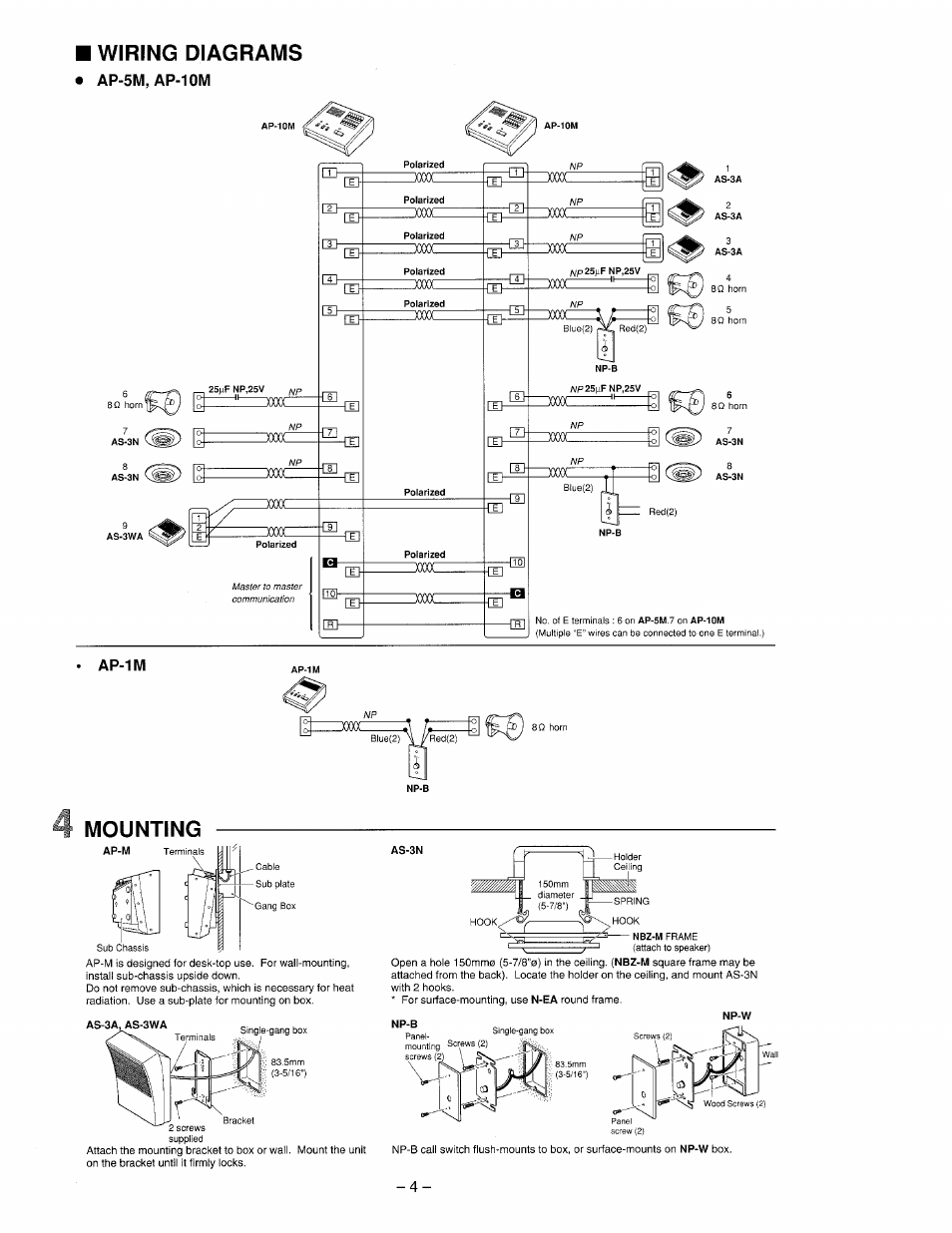 Ap-1m, Wiring diagrams, Mounting | Aiphone AP-10M User Manual | Page 4 / 6
