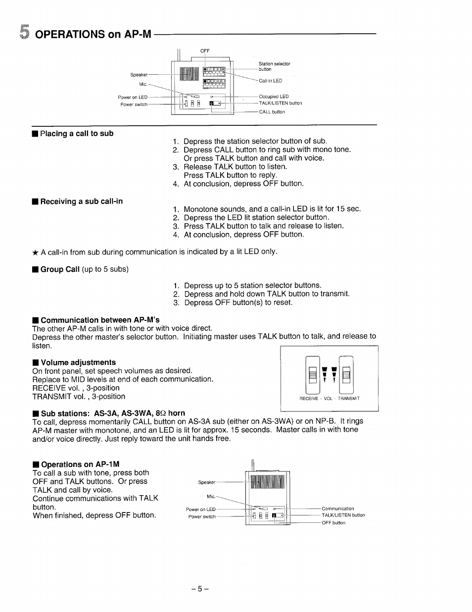 Communication between ap-m’s, Volume adjustments, Sub stations: as-3a, as-3wa, 8q horn | Operations on ap-1m, Operations on ap-m | Aiphone AP-10M User Manual | Page 5 / 6