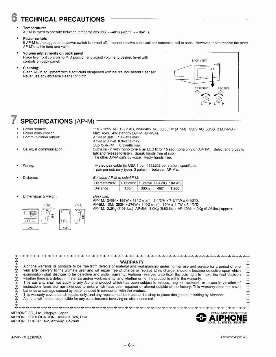 Aiphone, Ap-m), Technical precautions | Specifications | Aiphone AP-10M User Manual | Page 6 / 6